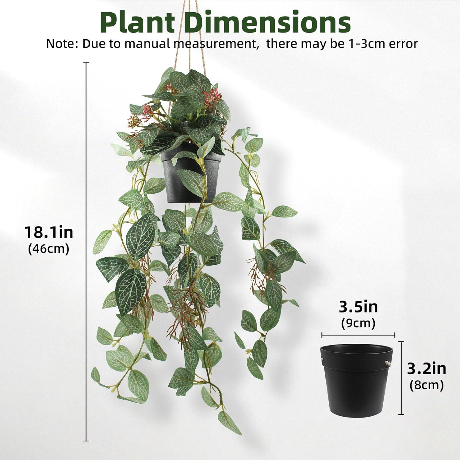 2 Pcs Artificial Hanging Plants Realistic Watermelon Texture with Flower Buds Fake Potting Leaves Faux Peperomia Vine Green Plants for Indoor Outdoor Home Garden Decor