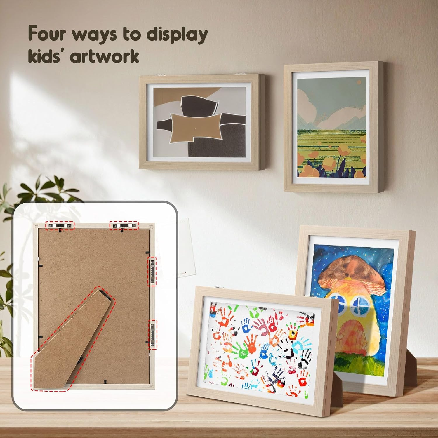 5Pcs Art Frames Kids Craft Artwork Projects Drawings Display Family Photo Storage A4 150 Pictures Portrait Canvas Children Wall Tabletop Decor Wooden image number 2