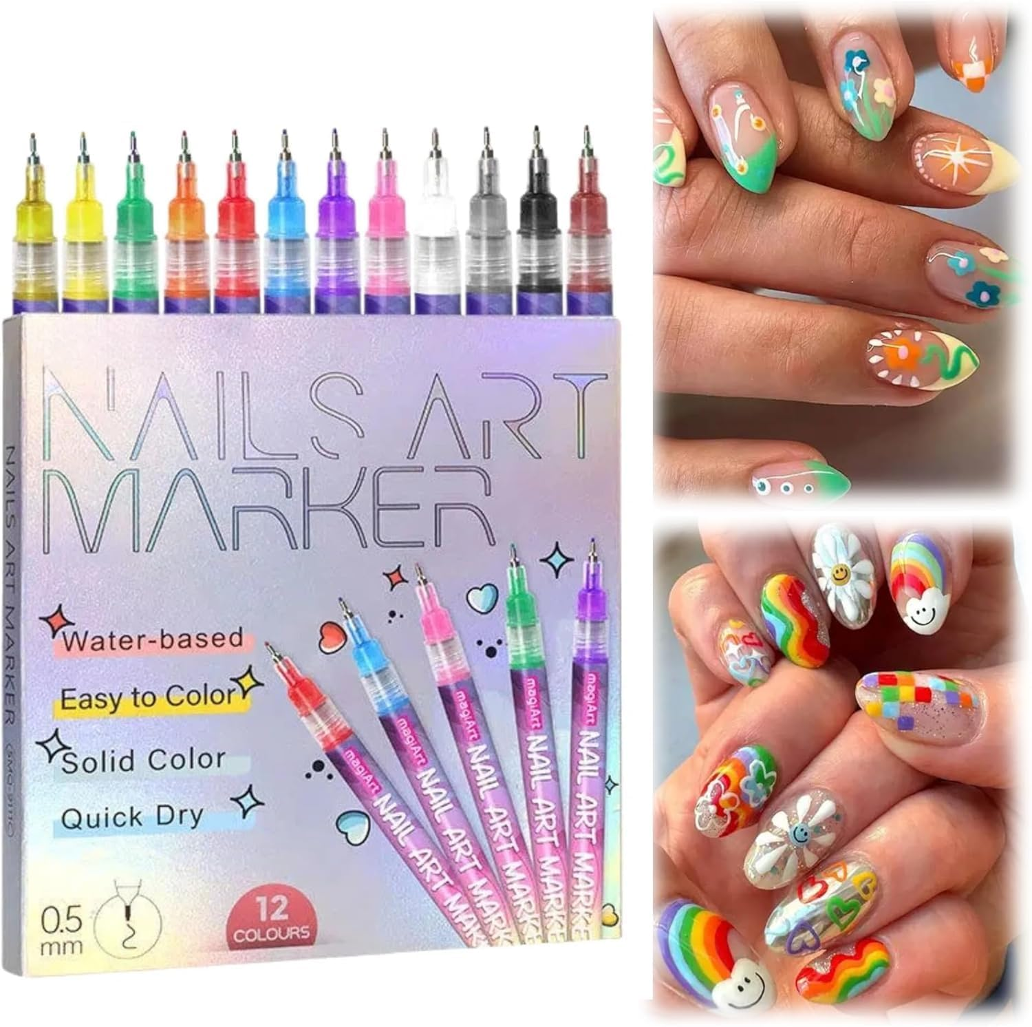 12 Colors Nail Art Pens Set，Nails Art Drawing Tool，3D Nail Polish Pens，Quick-Dry Gel Nail Markers for Graffiti Dotting Point Liner（0.5Mm） image number 2