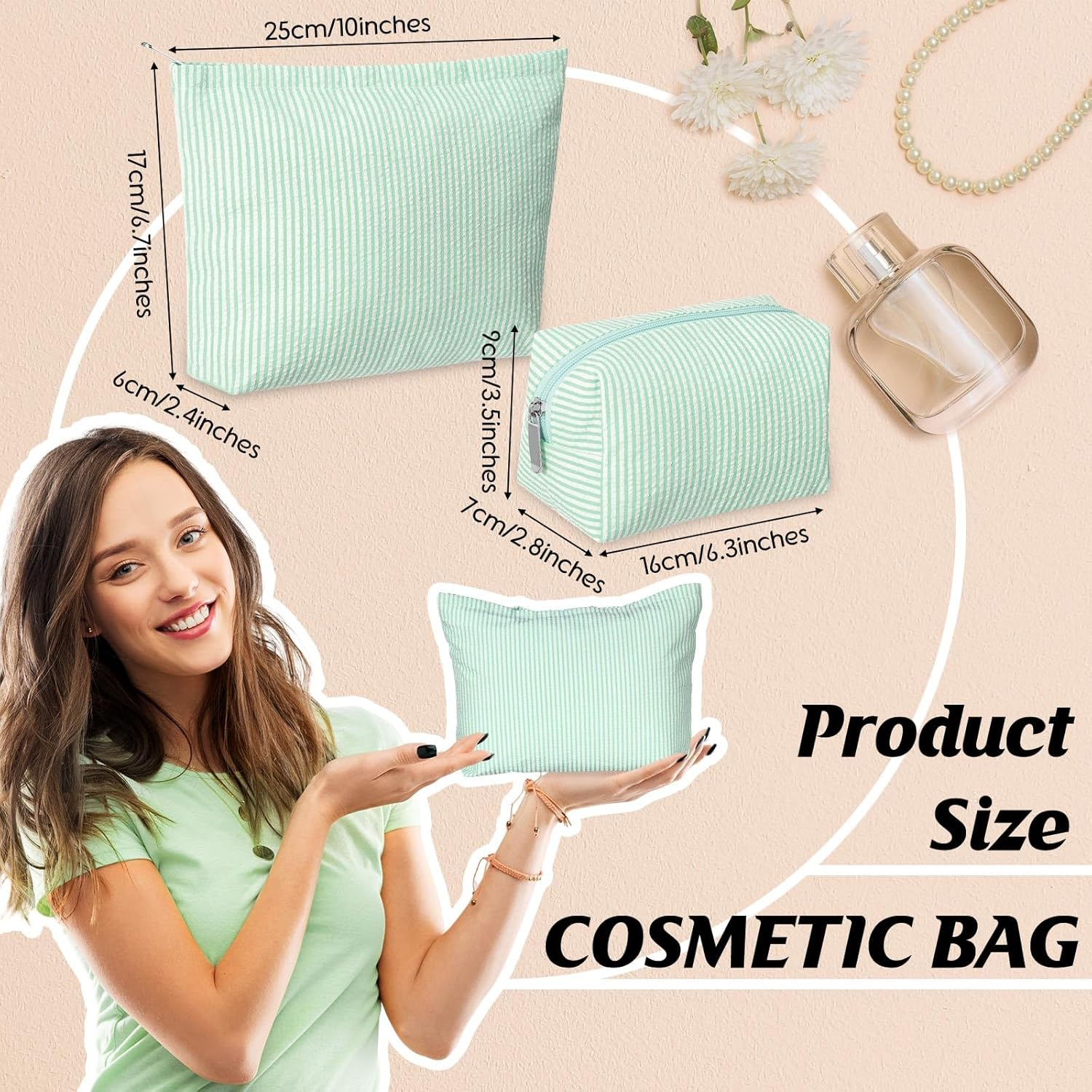 Huhumy 2 Pieces Makeup Bag Set Cute Cosmetic Pouch for Women Seersucker Travel Toiletry Bag Preppy Small Makeup Purse Pouch Aesthetic Skincare Brushes Storage Organizer for Christmas Women, Green
