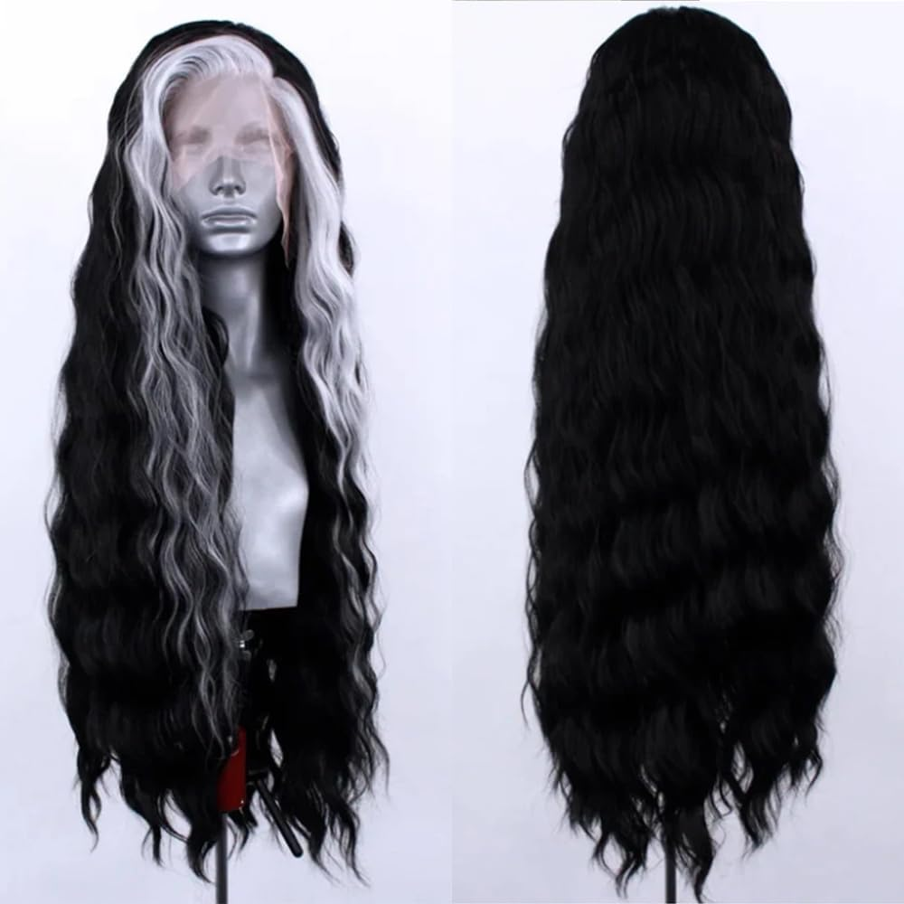 ELESTY Highlights Synthetic Lace Front Wigs Free Part Long Curly Black Mixed White Hair Heat Resistant Natural Hairline Glueless Lace Wigs for Women Daily - Cr1Bh10 image number 5
