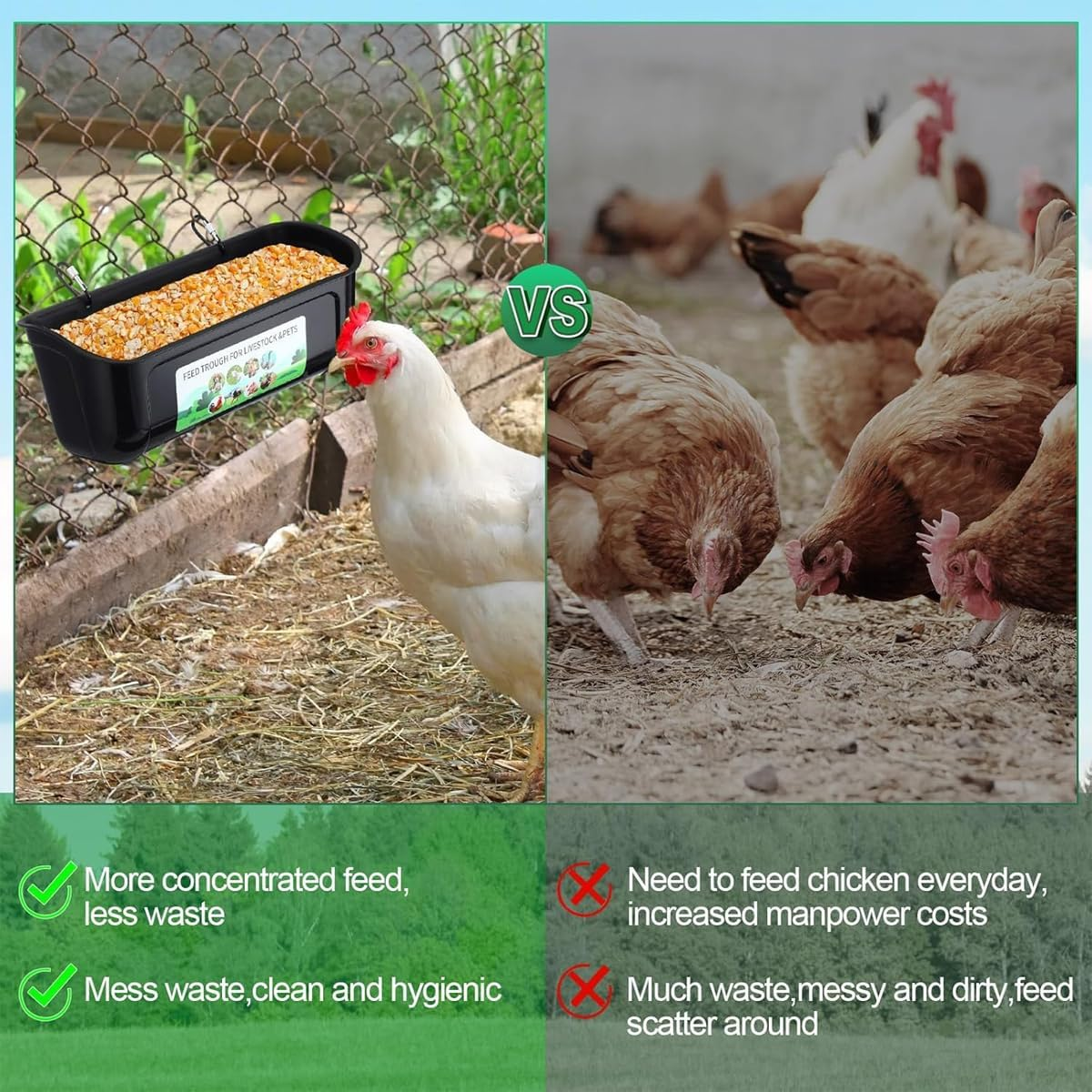 AIMALL Large Hanging Fence Feed Trough for Chicken Duck Goose Goat, Outdoor Livestock Feeder Tub with Carabiners, 11.7X4.9X5.1In