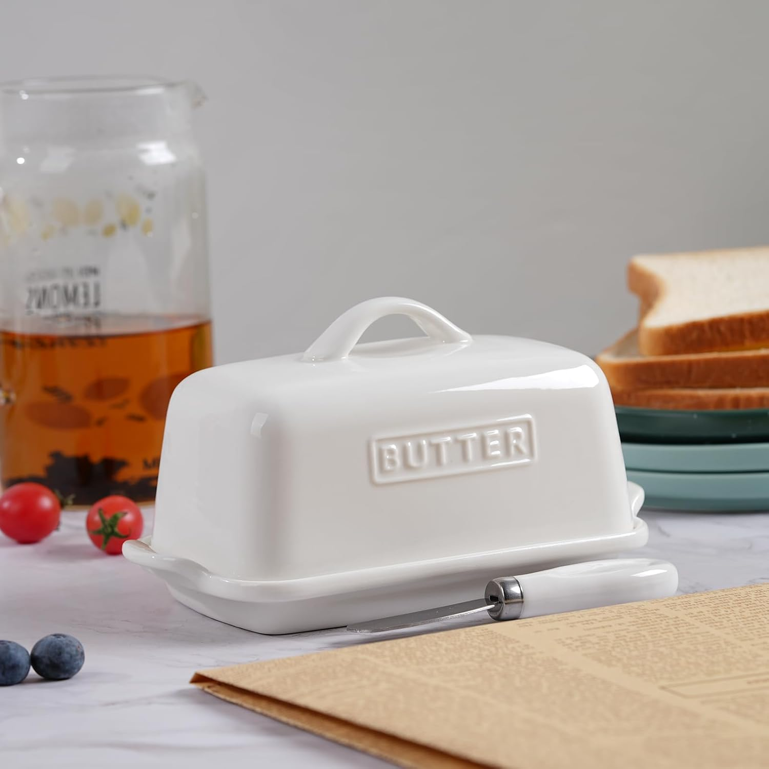 Embossed Butter Dish, Large Porcelain Butter Keeper for Countertop, Ceramic Butter Storage, Butter Holder, AU, (Color-White). image number 2