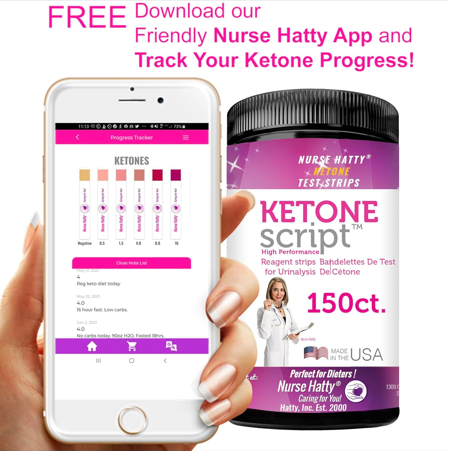 Nurse Hatty - Ketone Strips - Made in U.S.A. - High Performance Keto Test Strips Perfect for Ketogenic, Low Carb, Atkins & Paleo Diets + Free 38Pg. Ebook Education (100Ct. + 50 Free) image number 4