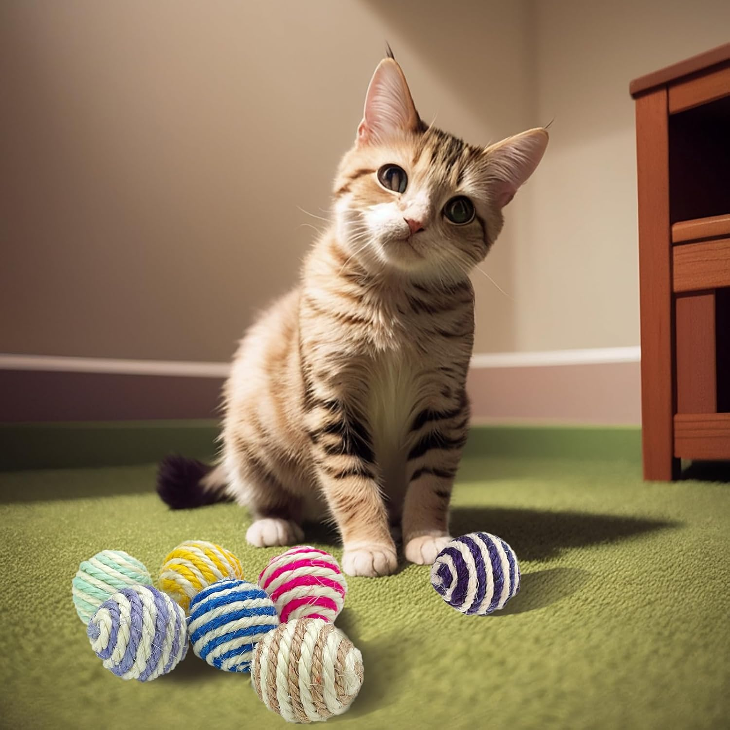 Vebetter Pack of 9 Sisal Rope Balls, 4.3 Cm Cat Sisal Ball, Cat Toy Balls, Environmentally Friendly Kitten Balls, Pet Scratching Ball, Interactive Sisal Ball for Pets, Cats Playing image number 2