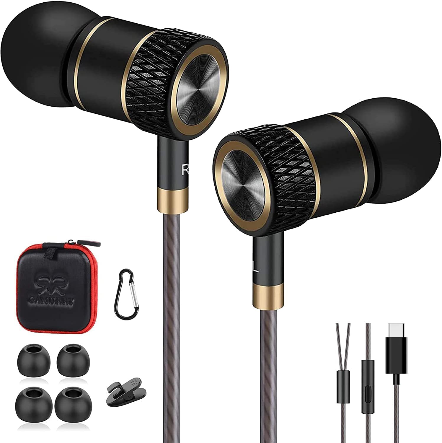 GAMURRY In-Ear Headphones with Cable and Microphone, USB Type-C Wired Headphones with Volume Control, Noise and Stereo Sound Isolation, Compatible with Smartphones, Black & Gold
