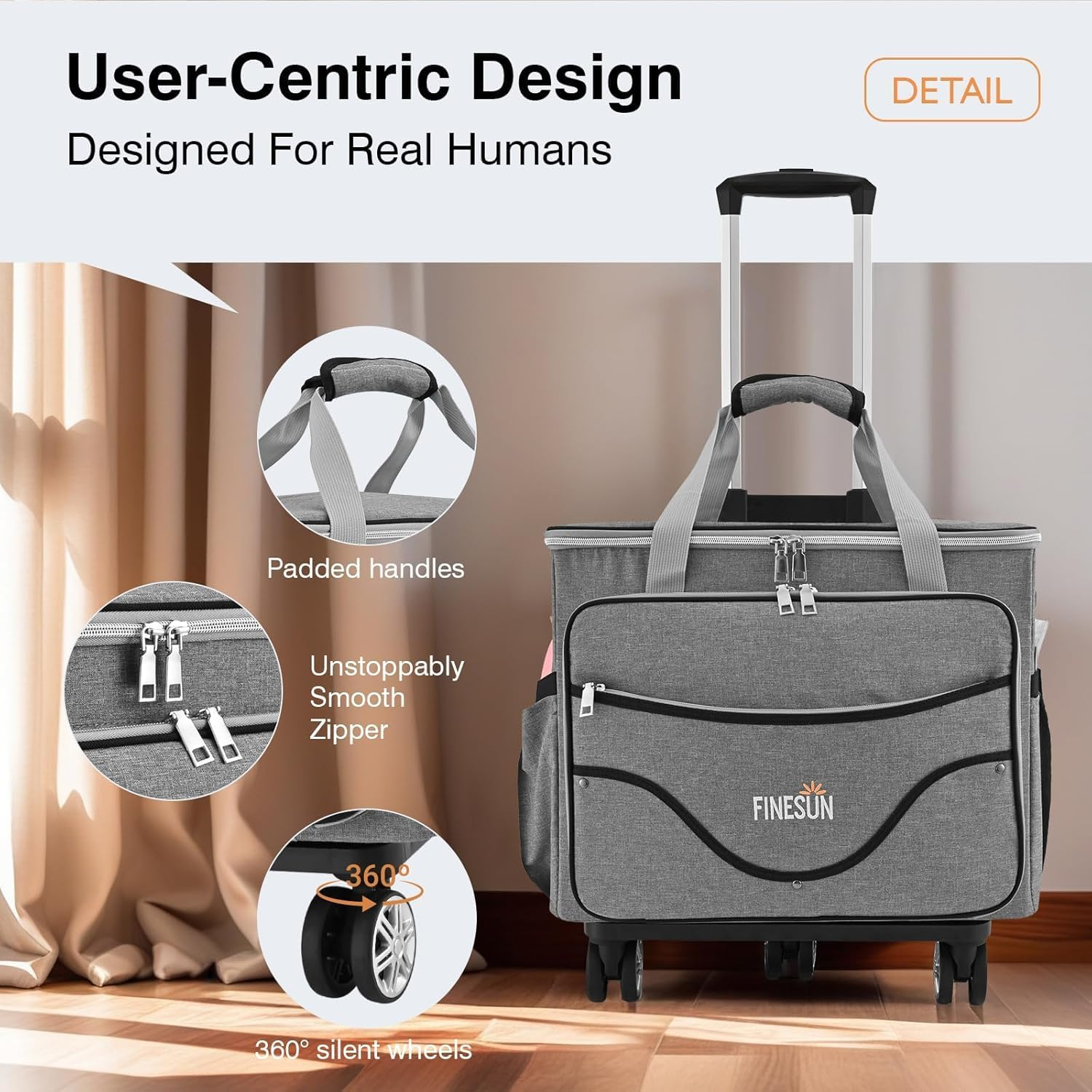 FINESUN Rolling Tote Bag for Women Teacher Bag Rolling Cart Briefcase with Wheels Carry on Wheeled Bag for Work,Office,Craft, Grey, One Size image number 6