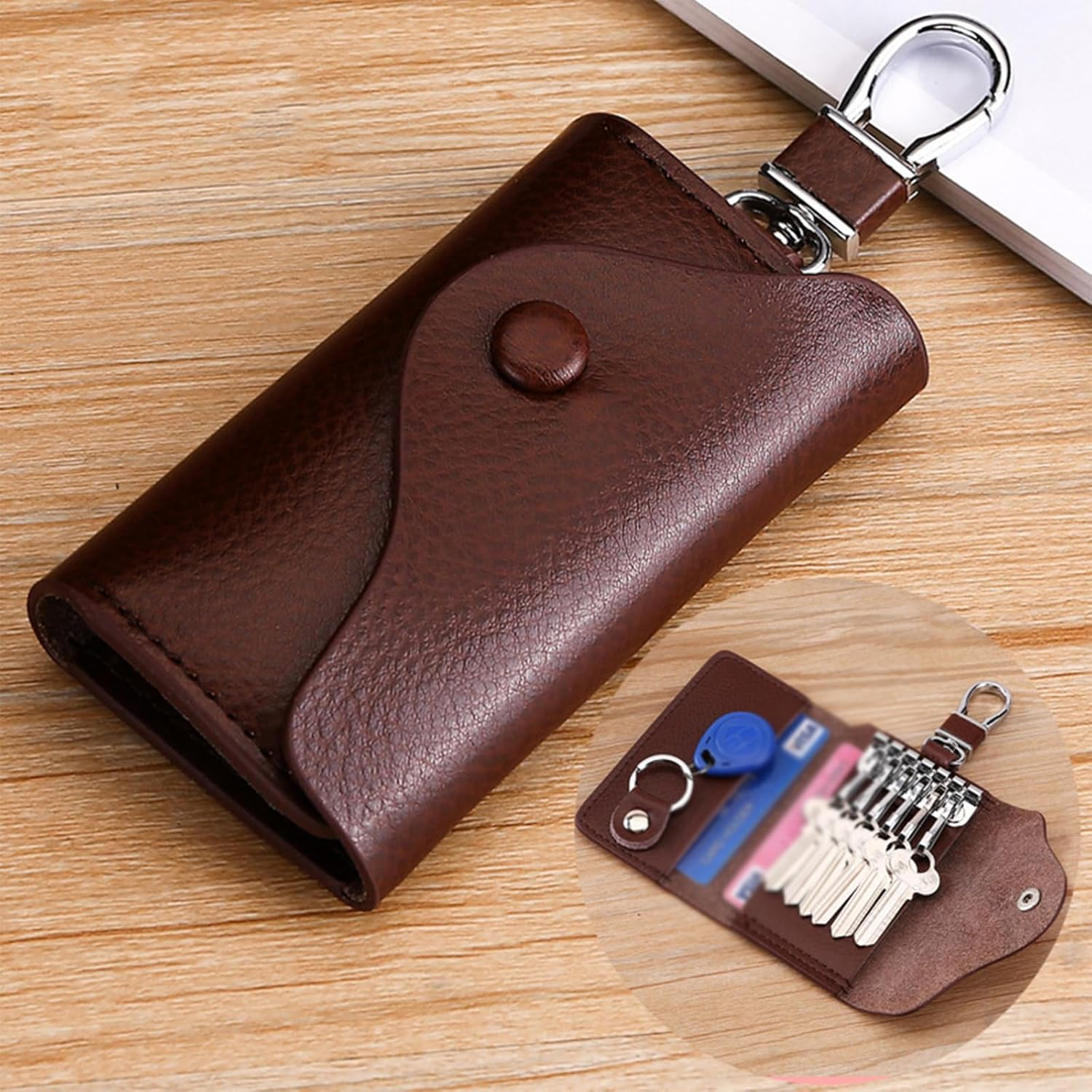 Updated Men'S PU Leather Car Key Bag with Added Stainless Steel Ring for Storing Access Cards, Car Key Case, Waist Hanging Cowhide Multifunctional Keychain Holder, Vintage Car Key Fob Wallet image number 6