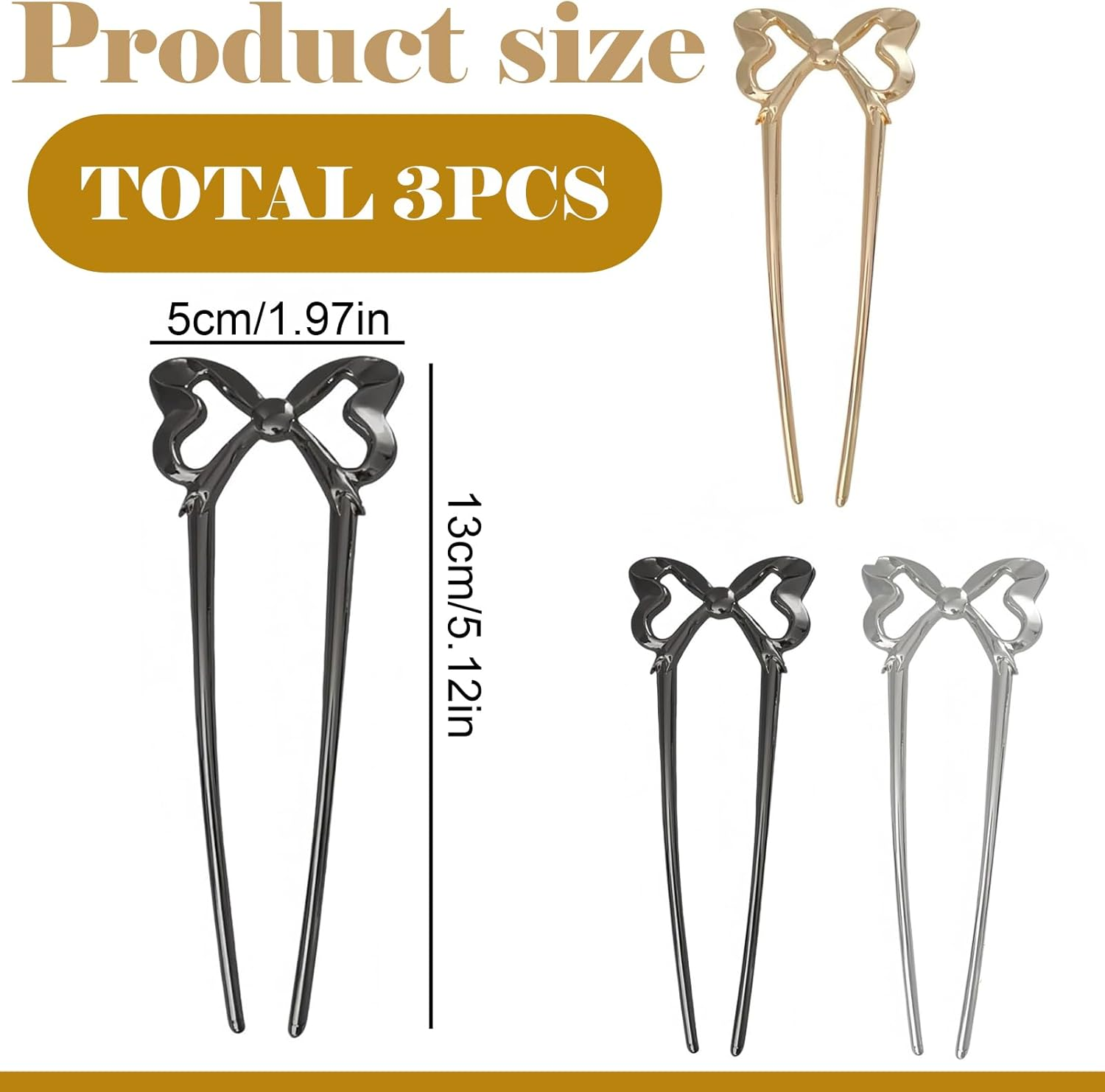 ASOMI 3 Pieces Vintage French Bow Hair Pins for Women U Shape Updo Metal Hair Sticks for Long Thick Hair (Gold, Silver, Black)