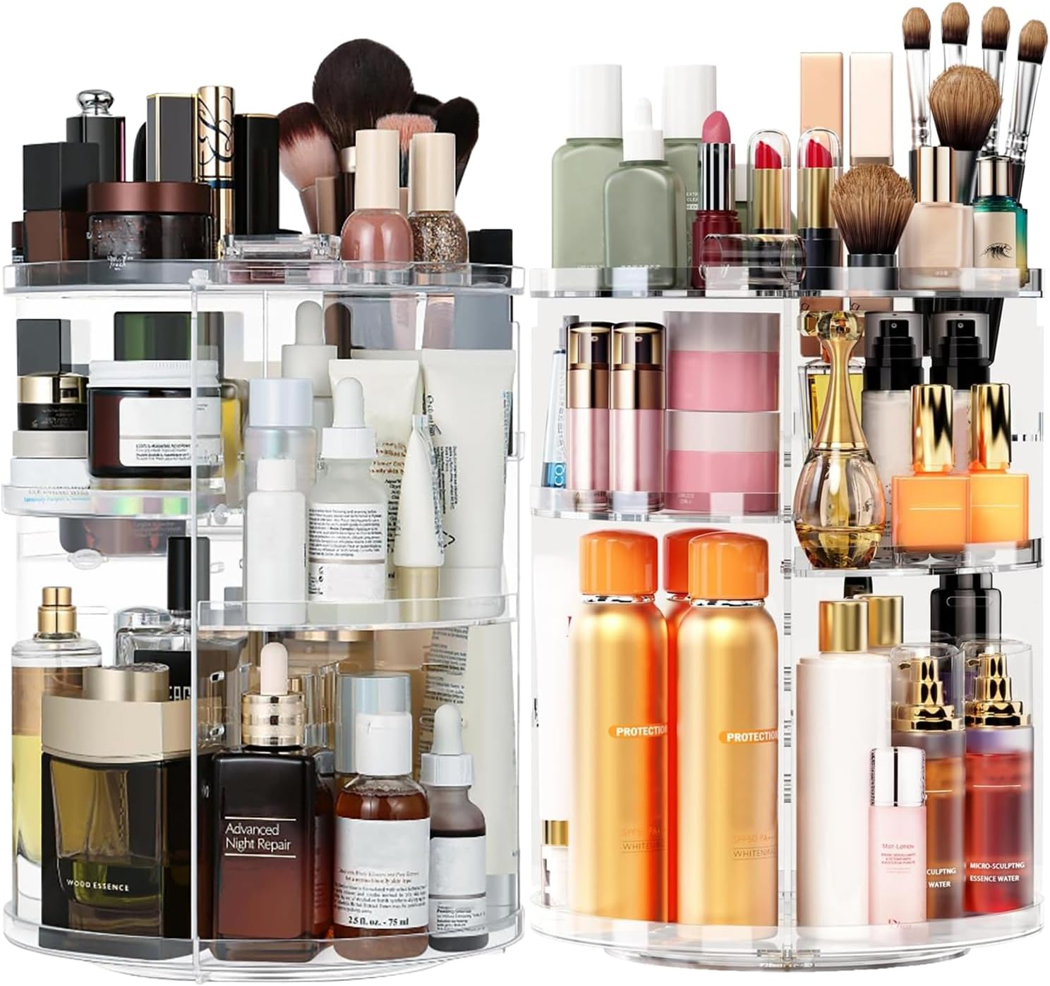 VNIMTI 2 Pack Rotating Makeup Organizer for Vanity, Large Cpacity Cosmetic & Skincare Organizers, Clear Makeup Holder for Countertop， Dresser and Bathroom, Adjustable Trays, 360 Degree Spinning image number 6
