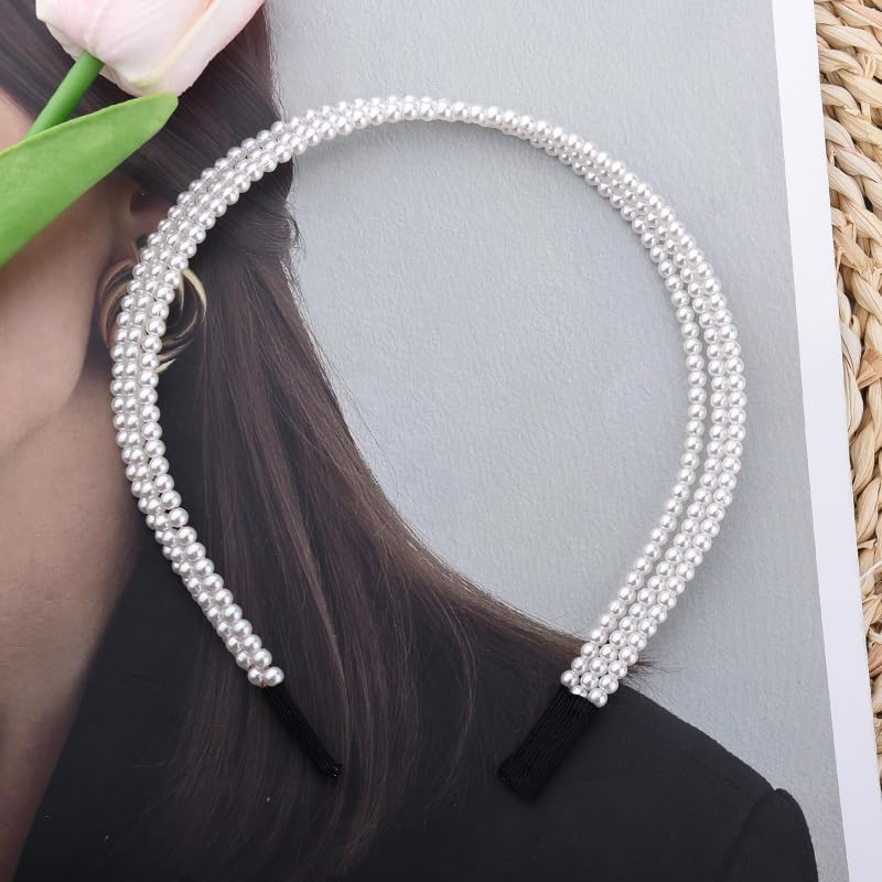 Thin Layered Pearl Headband for Girls Women Layered Hair Accessories Wedding Bridal Thin Headband White Pearl Hair Band Pearl Beaded Headband 3 Layer Hairband Skinny French Pearl Headbands