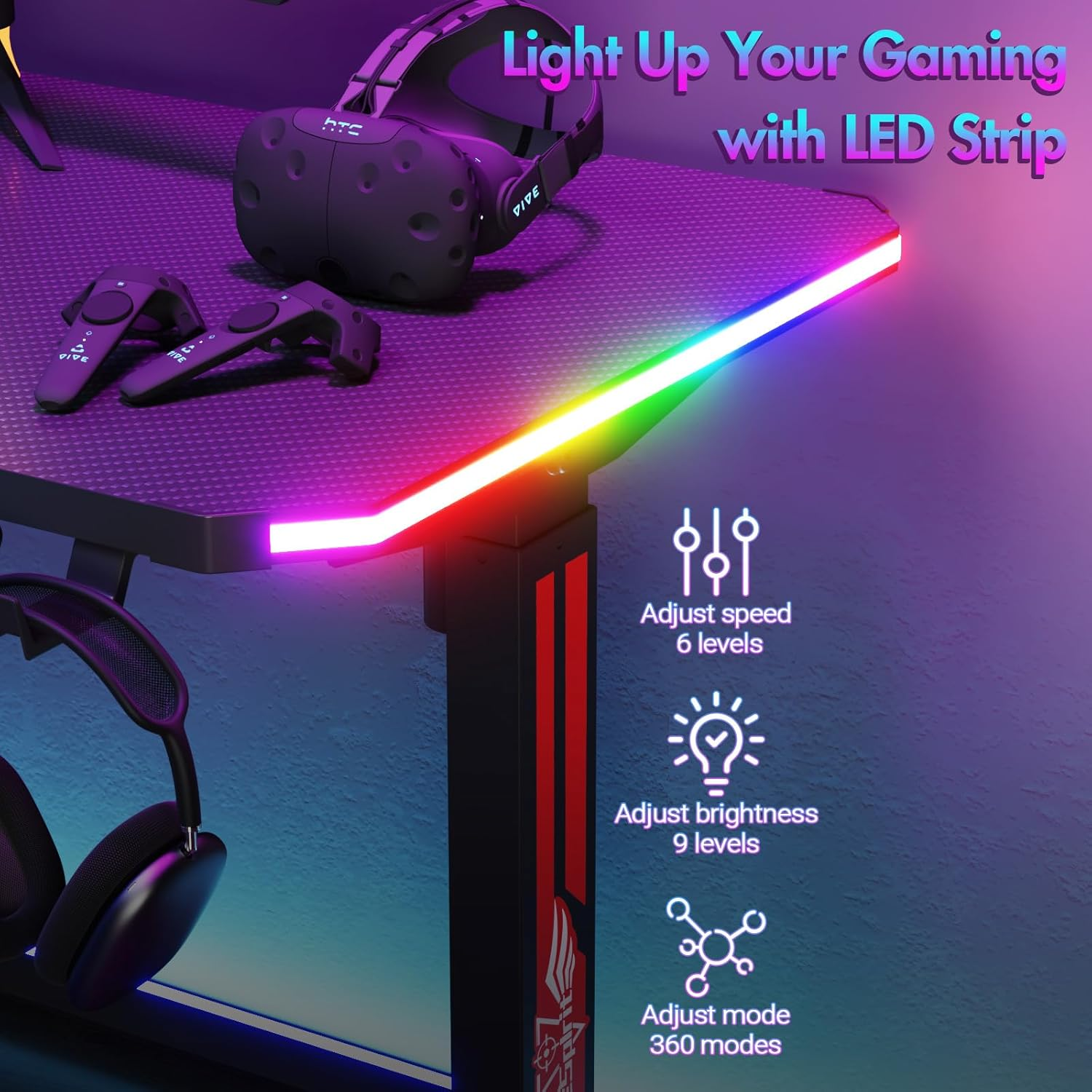 Advwin Electric Standing Desk, Gaming Desk RGB LED, Carbon Fiber Desktop Ergonomic Sit Stand Desk with Height Adjustable and Smart Memory Preset, Computer Workstations for Home & Office, Black, 140Cm image number 4