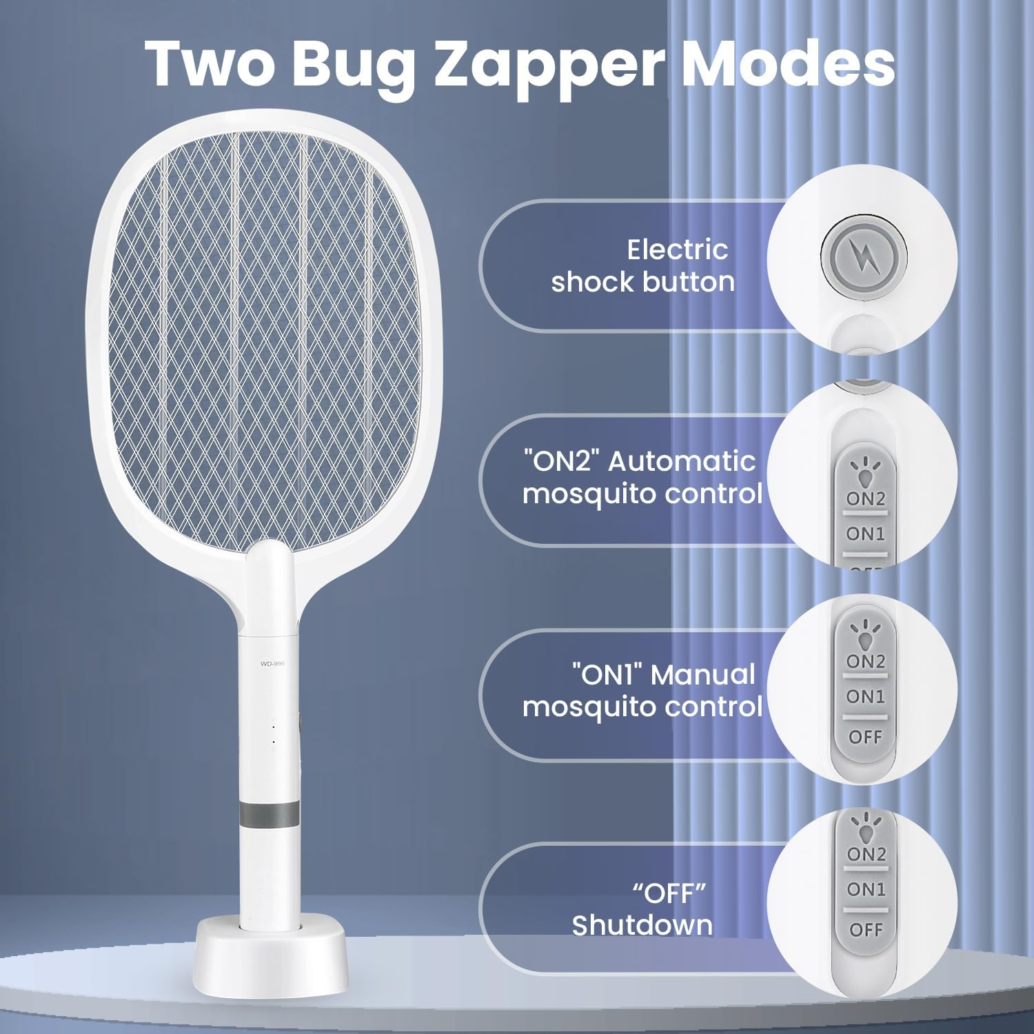 WEKUBA Electric Fly Swatter, with Base for Rechargeable, 6 Lamp Beads Mosquito Zapper, 1200 Mah Battery Fly Swatter, 3 Layer Safety Mesh, for Bedrooms, Homes, Backyard Gardens image number 4
