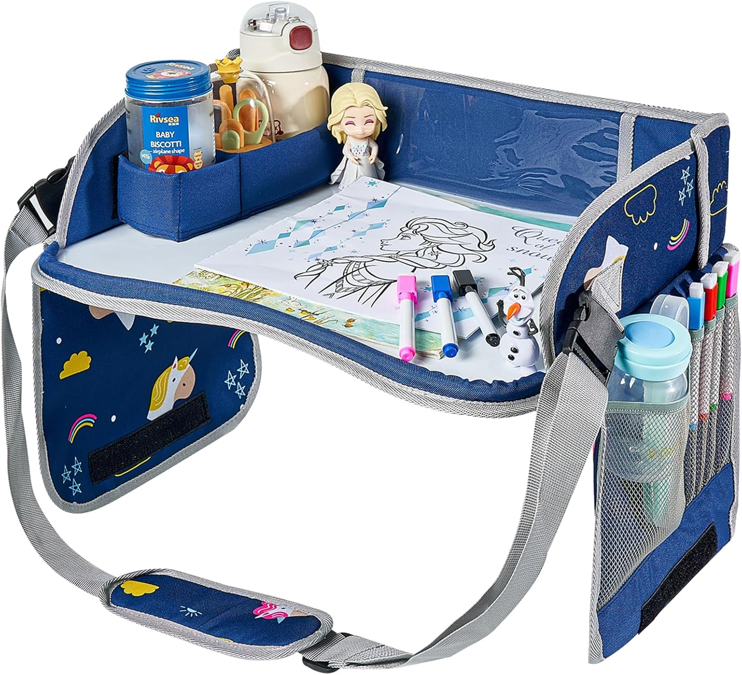 Kids Travel Tray, Car Seat Play Tray for Toddler, Auto Backseat Table Holder Tray for Kids Roadtrip Essentials, Adjustable Portable Children Car Desk Organizer (Blue) image number 1