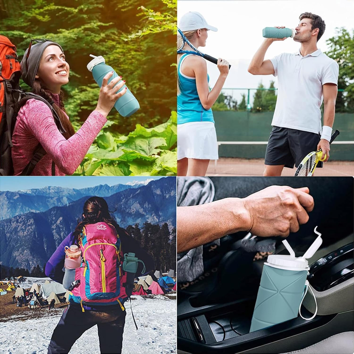 (2 Pack)Rungos Collapsible Water Bottle with Straw for Travel Essentials [Double Leak-Proof Design] [Soft Silicone Straw] BPA Free Silicone Foldable Water Bottle for Outdoor Hiking Sports (Green+Pink) image number 1