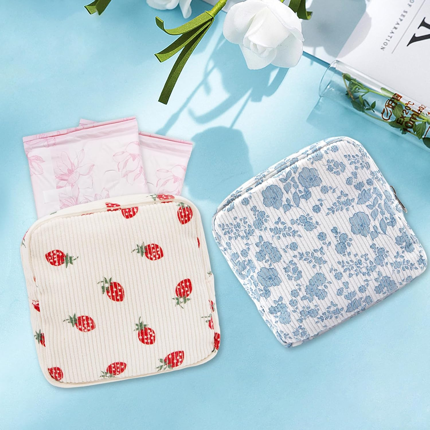 Long Keeper Small Cosmetic Bag Toiletry Bag with Compartments Mini Makeup Bag Strawberry Printing Corduroy Travel Toiletry Pouch for Women Girls Gift, Blue Flower, Small Make up Bag image number 5