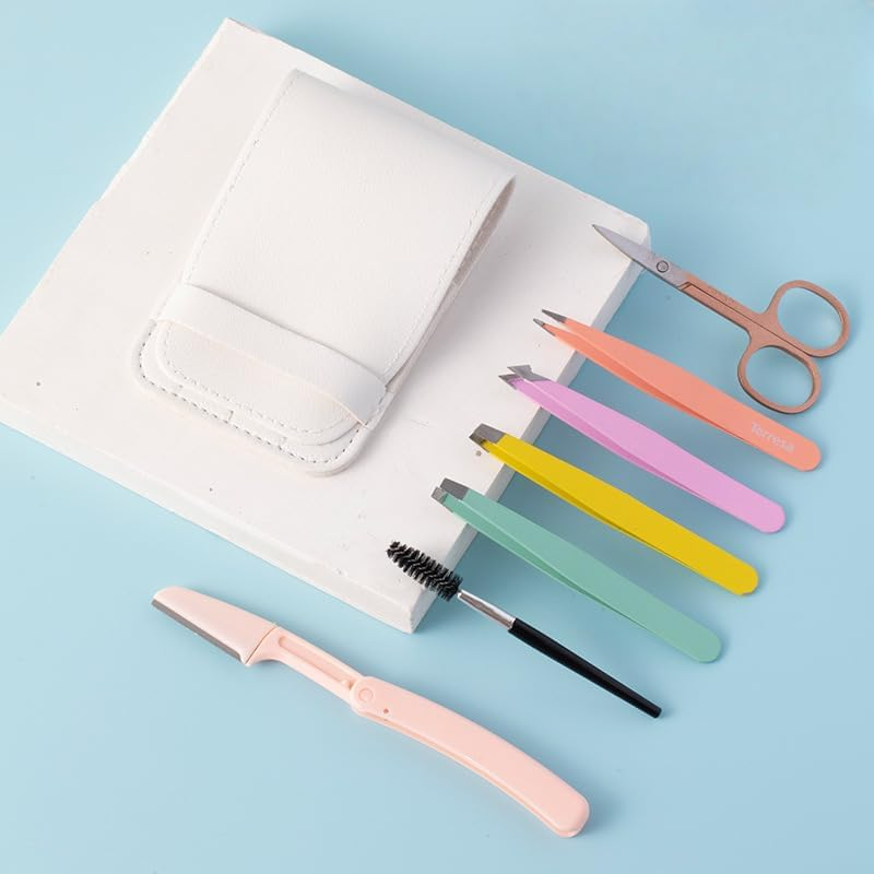 Eyebrow Grooming Kit for Women and Men, 7 Pieces Brow Shaping & Trimming Set with Scissors, Tweezers, Razor and Brush, Professional Stainless Steel Eyebrow Kit with Portable Leather Case, Multi-Colour Options