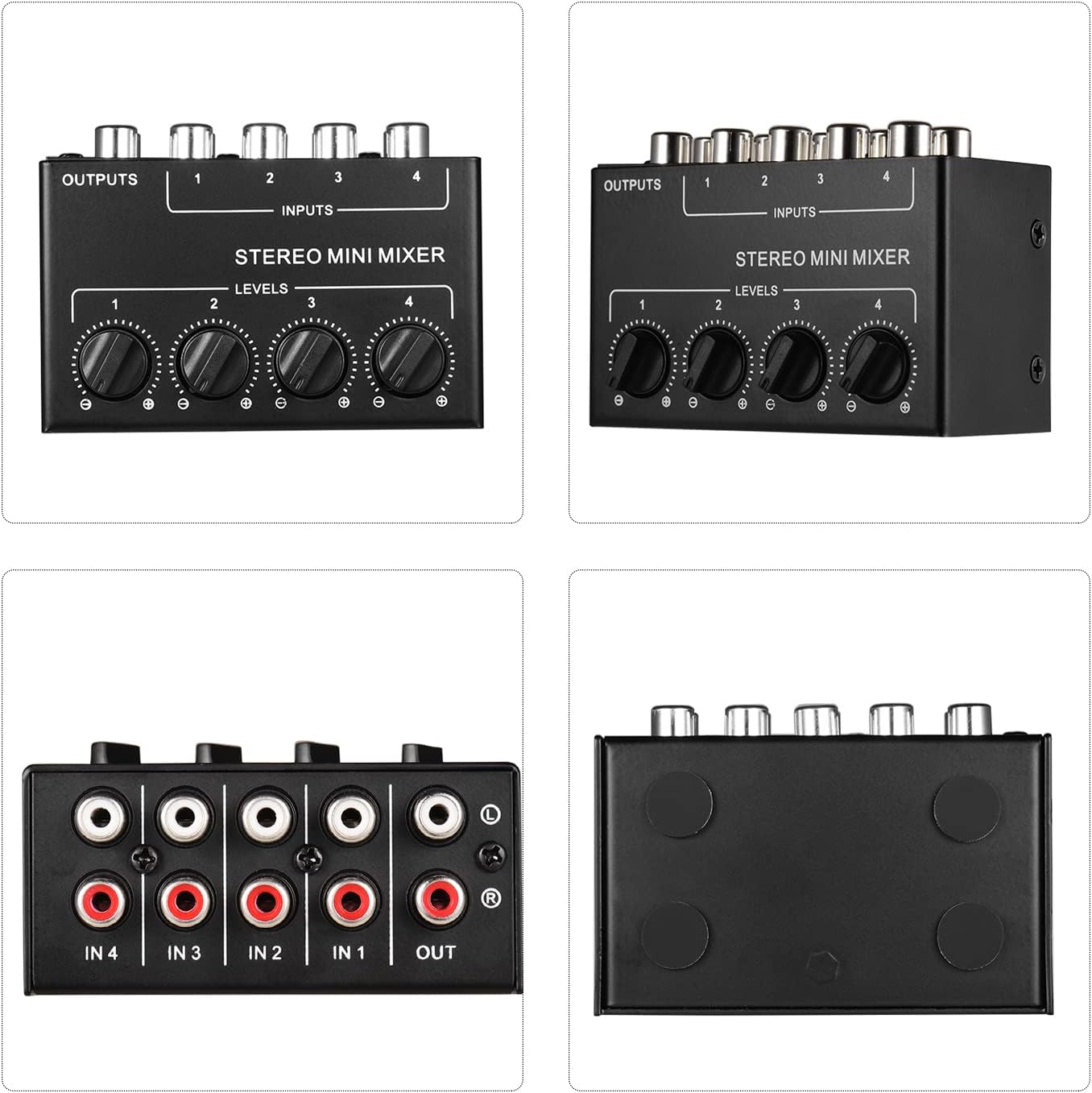 Stereo Mini Mixer, Mini Stereo Audio Mixer with 4-Channel RCA Inputs Separate Volume Controls Full Metal Shell image number 1