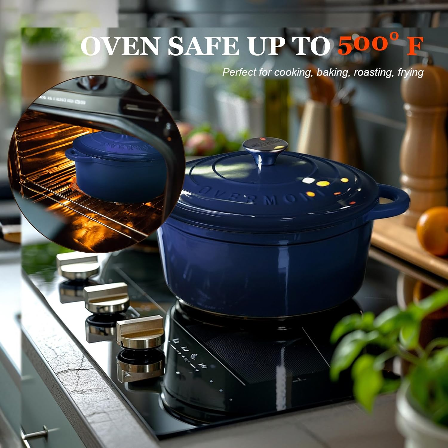 Overmont Roasting Dish Enamel Cast Iron Pot - 26 Cm Oven Safe - with Lid and Cookbook - for Kitchen Baking Braising Roasting - Deep Indigo image number 4