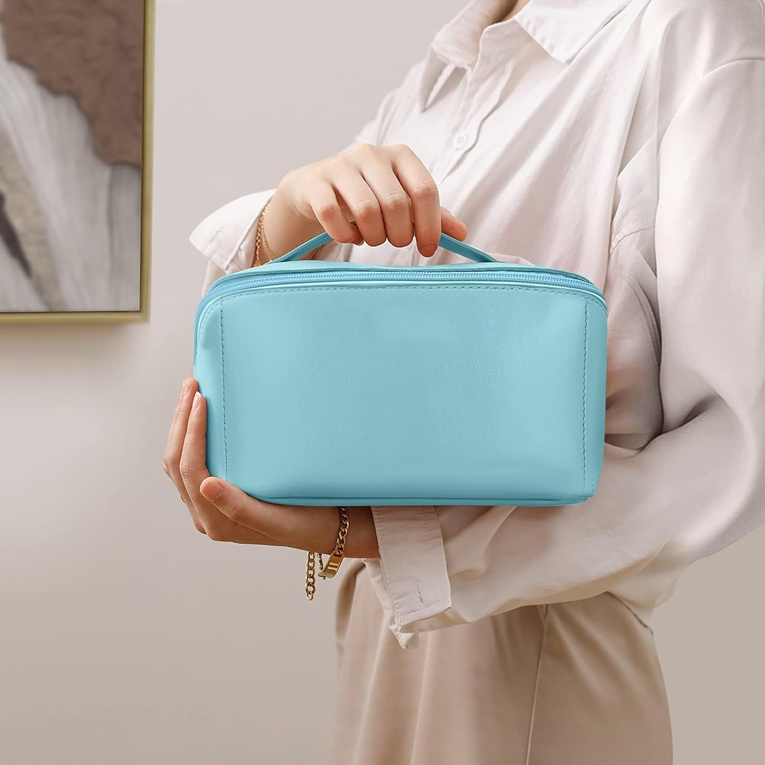 NAKODU Travel Makeup Bag,Large Capacity Cosmetic Bags for Women,Waterproof Portable Pouch Open Flat Toiletry Bag Make up Organizer with Divider and Handle (Blue) - Brown image number 7