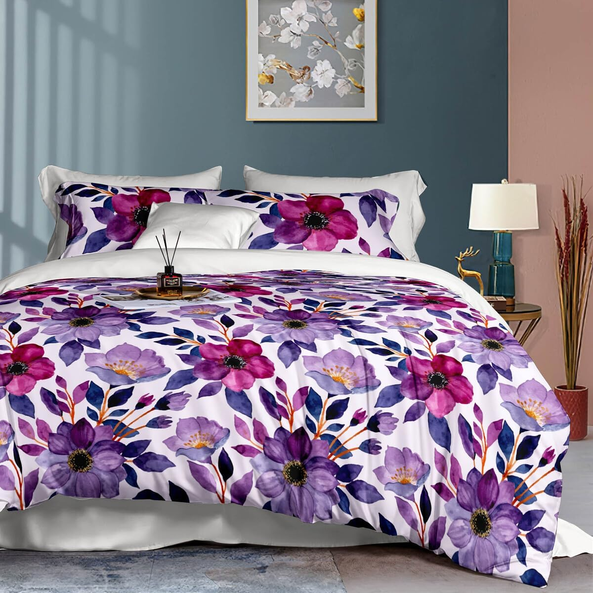 Luxton Antonella Garden Floral Plum Quilt Cover Queen Botanical 3Pcs Grey Purple Quilt Cover Set (Queen Size)
