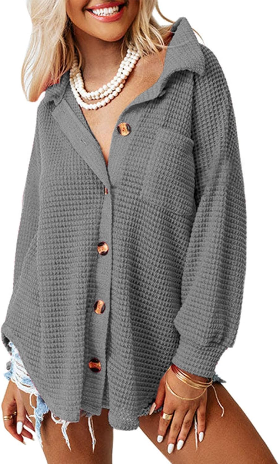 Women&rsquo;S Waffle Knit Shacket Jacket Casual Long Sleeve Blouses with Pocket Button down Shirts Dressy image number 6