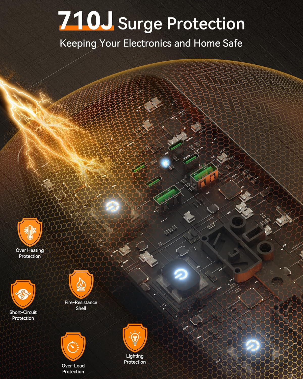 Power Board Individual Switch - 3250W Power Strip with 5 AC Outlets, 2 USB a and 4 USB C, Powerboard 1.8M Extension Cord for Home and Office, Overload Protection (Black)