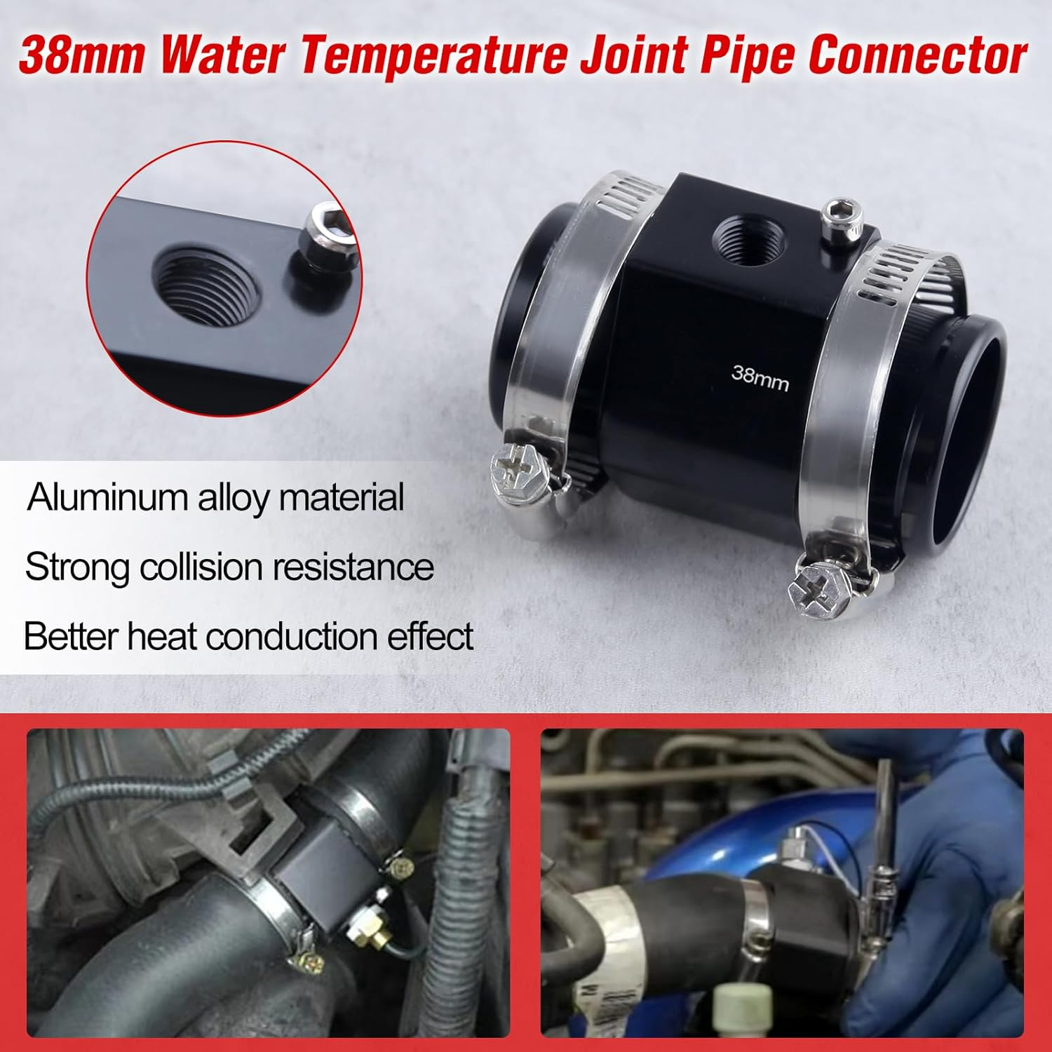 Aluminum Water Temperature Joint Pipe Connector 38Mm 1-1/2" Radiator Hose Sensor Gauge Adapter with 2 Hose Clamps Water Temp Meter Gauge Joint Pipe Temperature Sensor Adapter image number 2