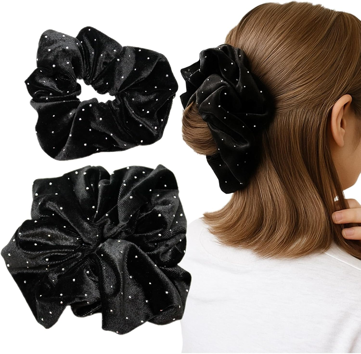 MILASIC TN-STDVS Velour Scrunchie, Rhinestone, Set of 2, Large, Hair Clip, Velour, Black, Sparkling, Starry Sky, Autumn, Winter, Stretchable, Fashionable, Women'S, Cute, Hair Accessory, Simple, Office image number 2