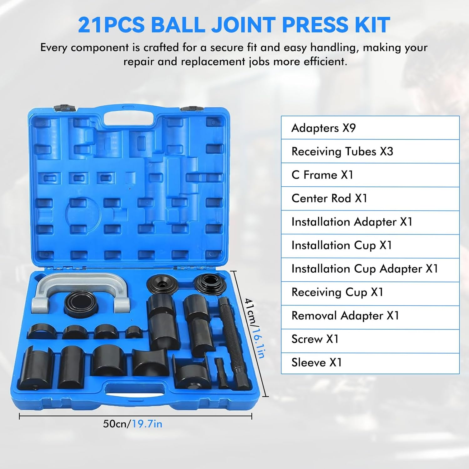 21PCS Master Ball Joint Press Kit, Ball Joints Upper and Lower Kit Ball Joint Removal Tool, U Joint & Brake Anchor Pin Press Kit, C Frame Bushing Press Set for Most 2WD and 4WD Cars and Light Trucks image number 6