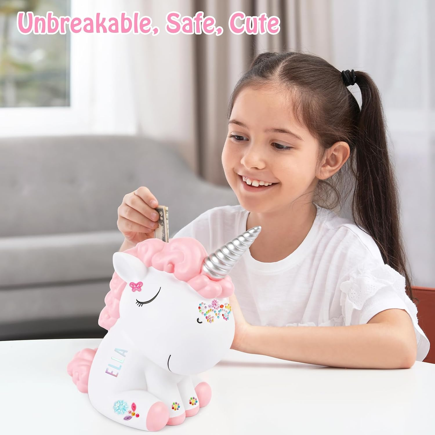 Unicorn Piggy Bank Girls, Briuhap Unbreakable Resin Money Coin Bank, Cute Kids Piggy Bank with DIY Alphabet & Rhinestone Stickers, Great Gifts for Birthday, Christmas, Baby Shower
