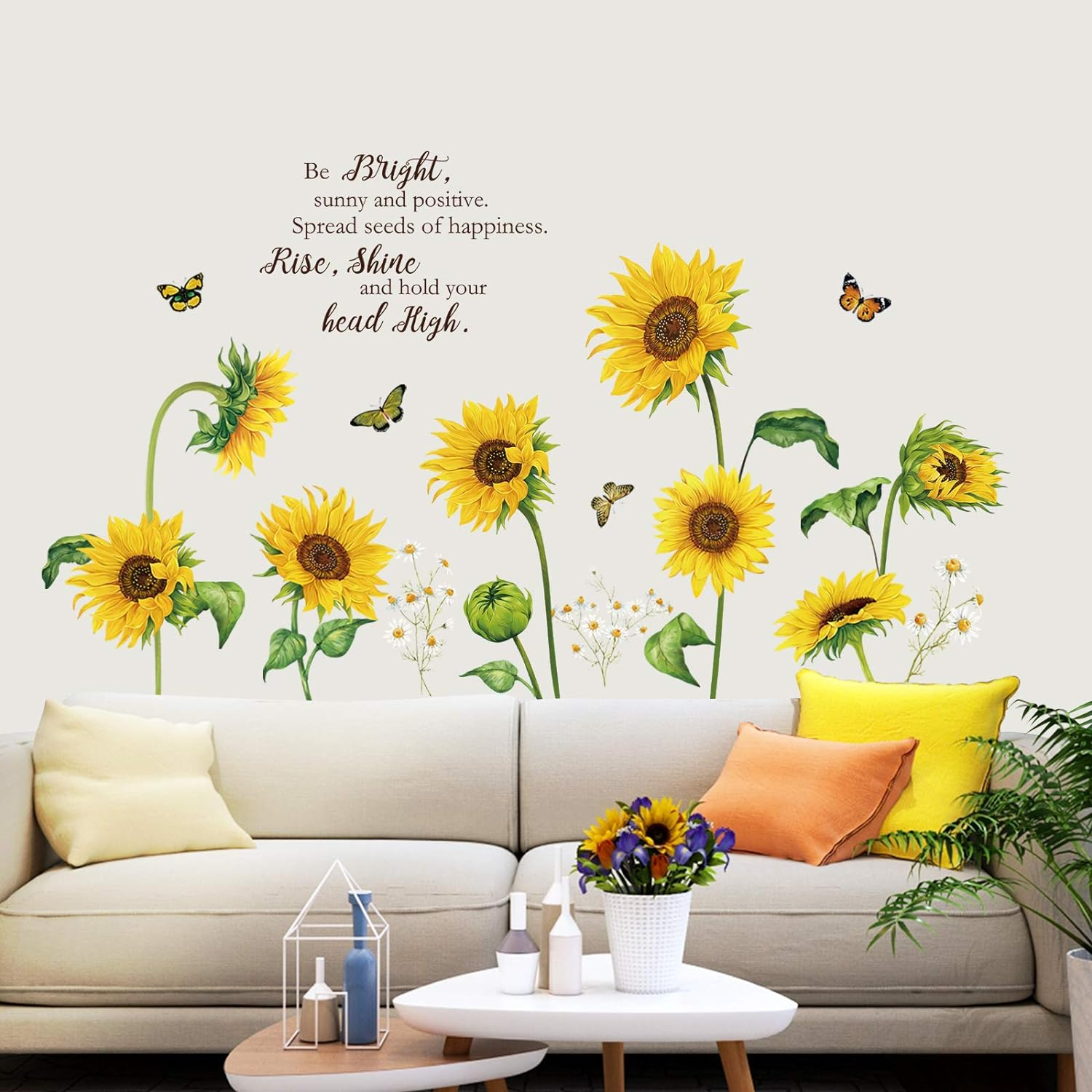 Decalmile Sunflower Wall Decals Garden Flowers Butterfly Wall Stickers Bedroom Living Room TV Wall Art Decor image number 2