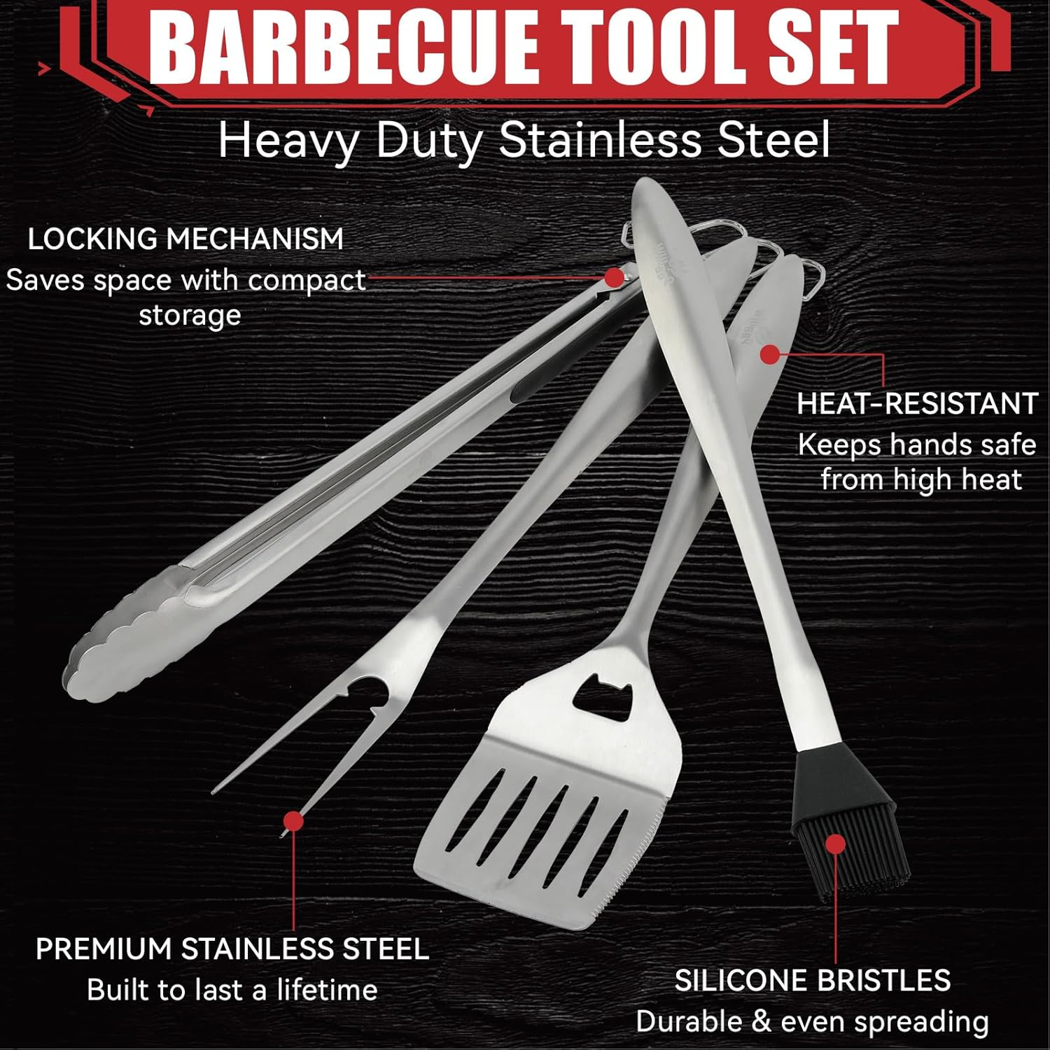Willbbq 4-Piece BBQ Tool Set &ndash; Stainless Steel Grill Utensils with Tongs, Spatula, Fork & Brush &ndash; Heat-Resistant, Long Handle, Gift Ready image number 2
