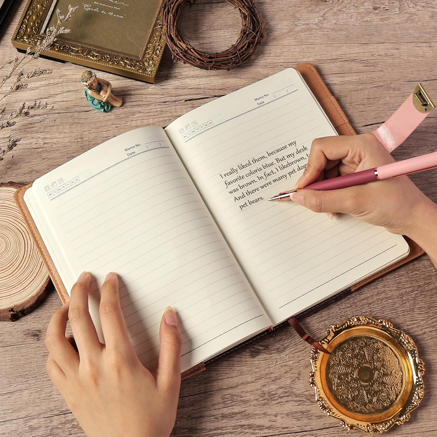 Literary Vintage Leather Notebook with Lock, Embossed Pattern Compass Diary for Writing, A5 Notebook with Lined Paper for Women & Men image number 6