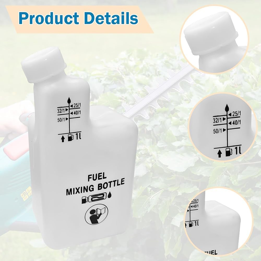 2 Stroke Gas Petrol Fuel Oil Mixing Bottle,1L,4 Ratios 32:1/50:1/40:1/25:1,Reusable Motorbike Motorcycle Lawnmower Brush Cutter Chainsaw image number 1