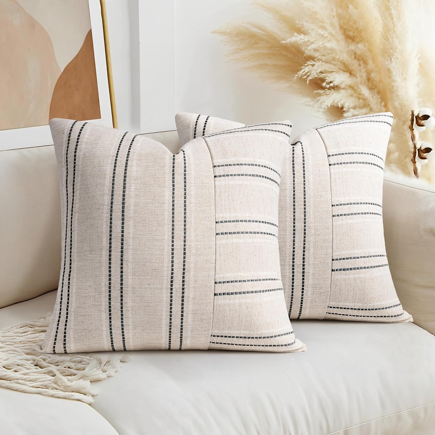 AELS 18X18 Decorative Farmhouse Linen Throw Pillow Covers, Boho Textured Pillow Case, Set of 2, Beige with White & Black Stripe Patchwork Cushion Cover for Sofa Couch Living Room (Cover ONLY) image number 4