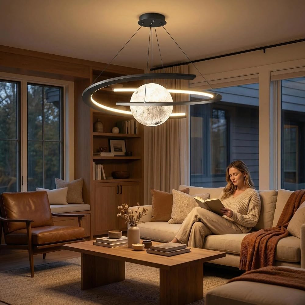 Led Chandelier Lighting Modern App Controlled,Dimmable Moon Pendant Light with Remote,Moon Creative Lamp Timable,Adjustable Ceiling Light for Living Room Bedroom Kitchen Island image number 4