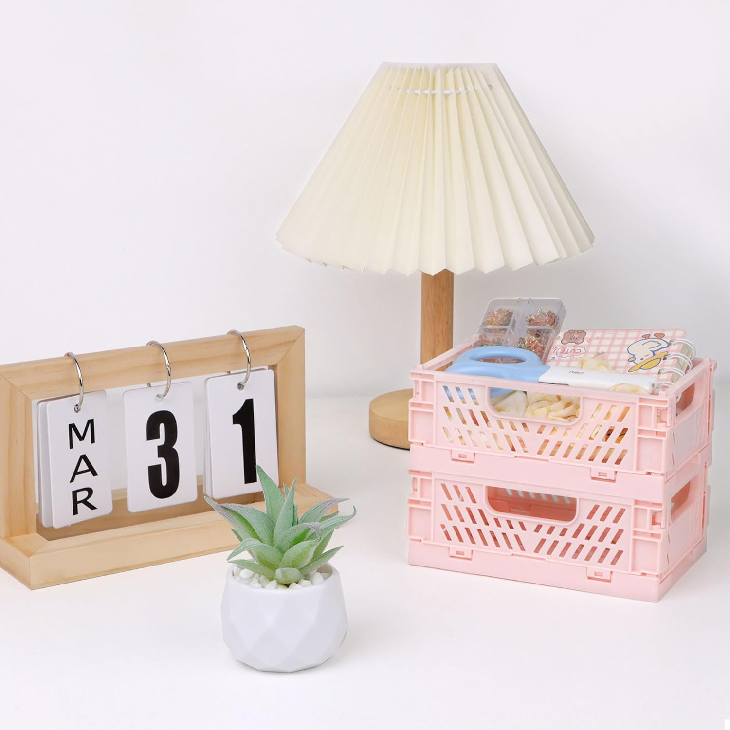 4-Pack Pink Baskets Plastic Storage Crate Small Baskets for Organizing Collapsible Storage Crates for Desk Organizers,Stackable Cute Storage Bins for Classroom,Office,Bathroom 5.9"X 3.9" X 2.3" image number 2