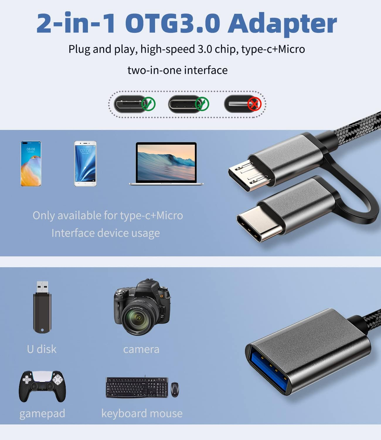 Micro USB+USB-C Male to USB a Female Adapter(2In1) Mouse Camera Card Reader Keyboard Android Thunderbolt Converter OTG Adaptador Compatible for Samsung Macbook Apple Iphone15 Pro Max Ipad CJJ