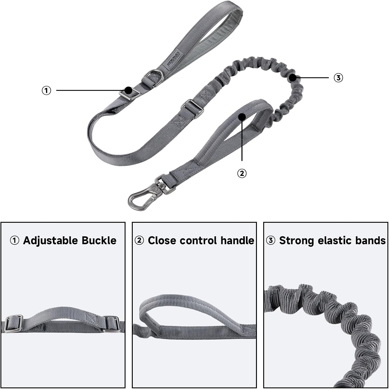 EXCELLENT ELITE SPANKER Tactical Bungee Dog Leash Military Dog Leash Adjustable Tactical Leash Elastic Leads Rope with 2 Control Handle (Grey) - Black image number 5