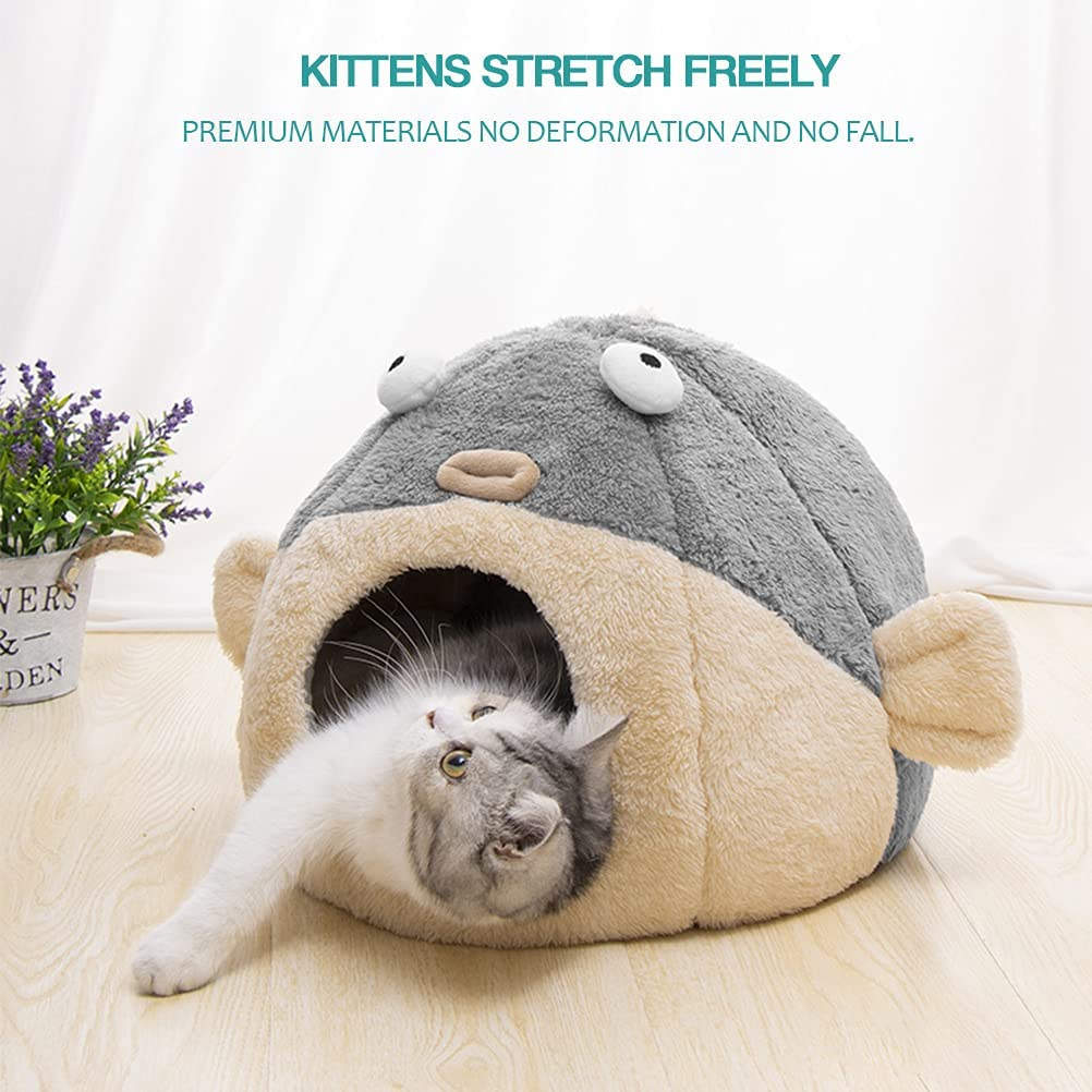 Cat Beds for Indoor Cats - Cat Bed Cave with Removable Washable Cushioned Pillow, Soft Plush Premium Cotton No Deformation Pet Bed, Lively Pufferfish Cat House Design, Grey, Multiple Sizes image number 3