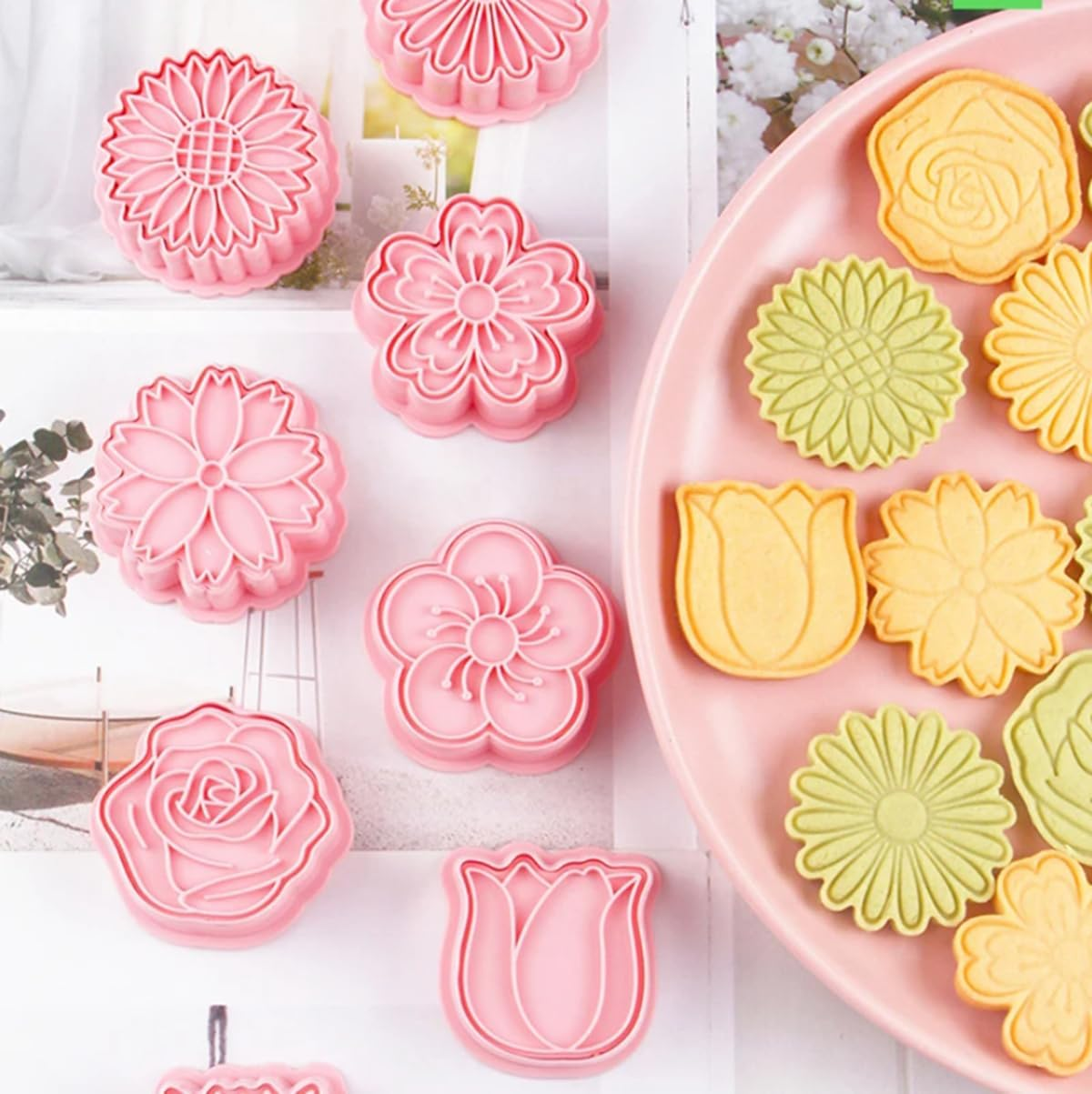 8PCS Flower Cookie Cutters with Plunger Stamps Set, Tulip Rose Daisy Cookie Plunger Stamps DIY Press Molds Birthday Party Baking Supplies Clay Biscuit Molds image number 2