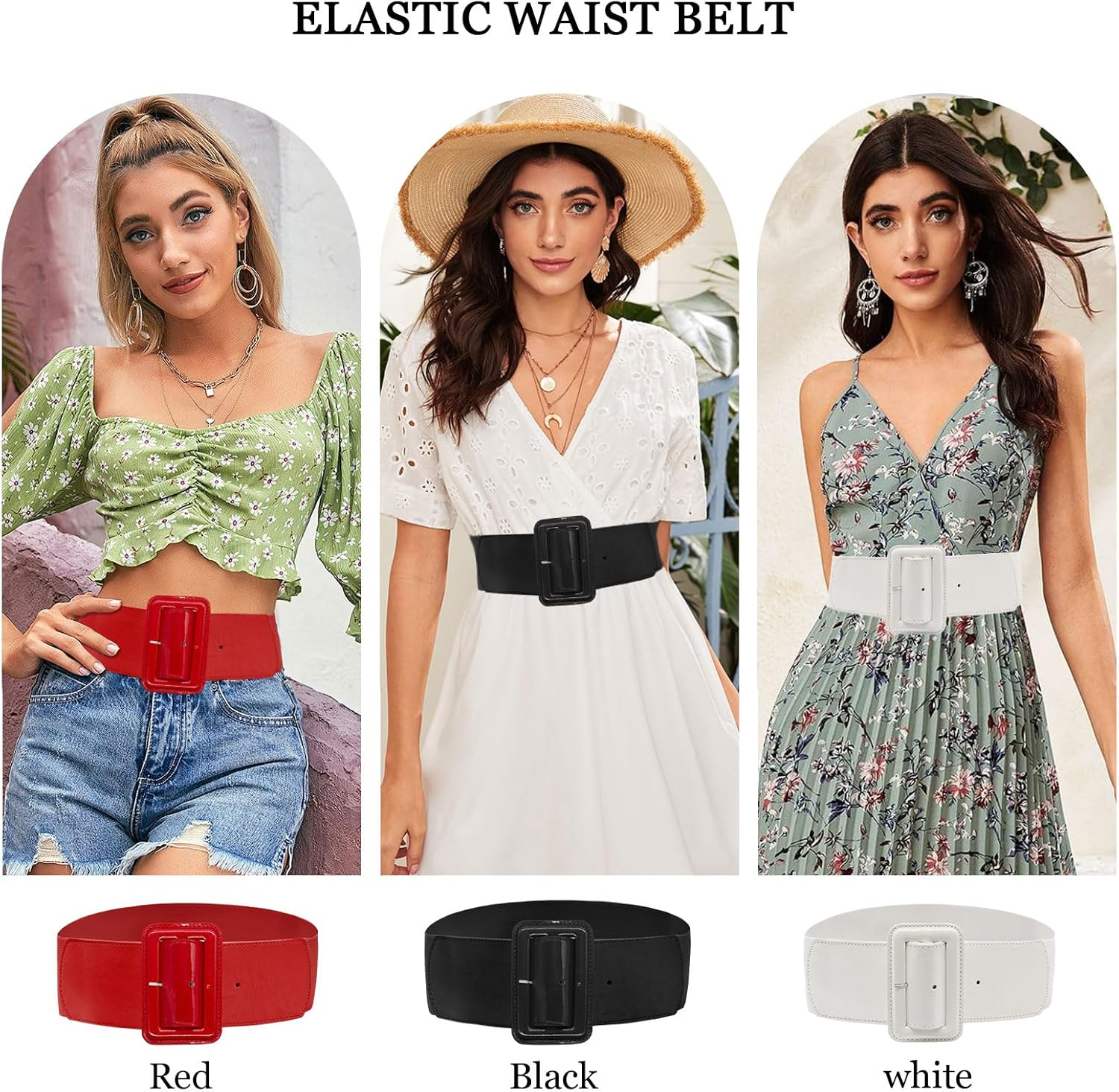 LJCZKA Women Wide Stretchy Belt Adjustable Vintage Elastic Waist Belt for Dresses with Square Buckle - Red image number 2