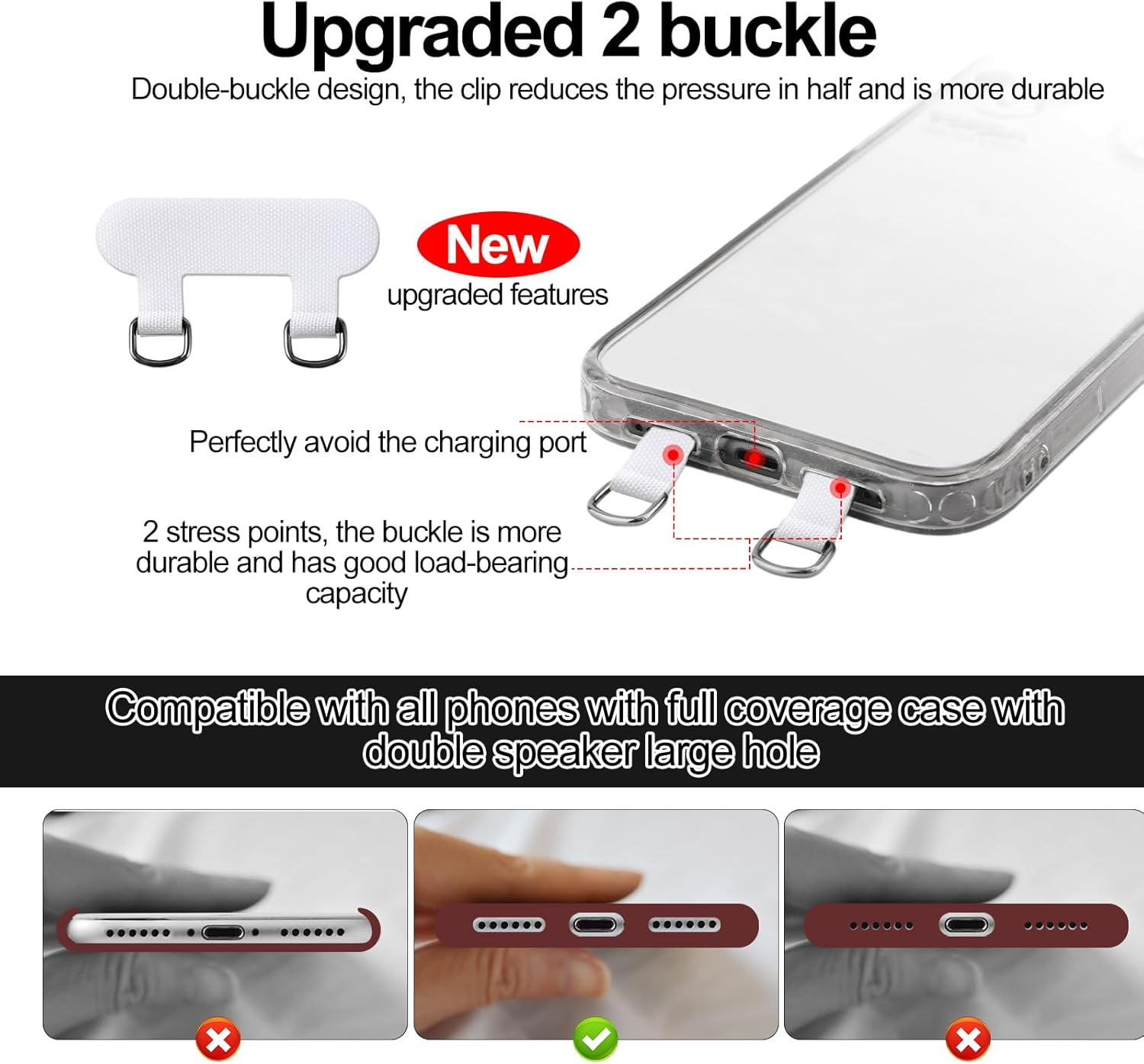 XIHIRCD Double Buckle Cell Phone Tether Tab & Adjustable Phone Neck Lanyard, Crossbody Phone Strap Phone Lanyard Patch Only for Full-Cover Phone Case with 2 Speaker Holes image number 3