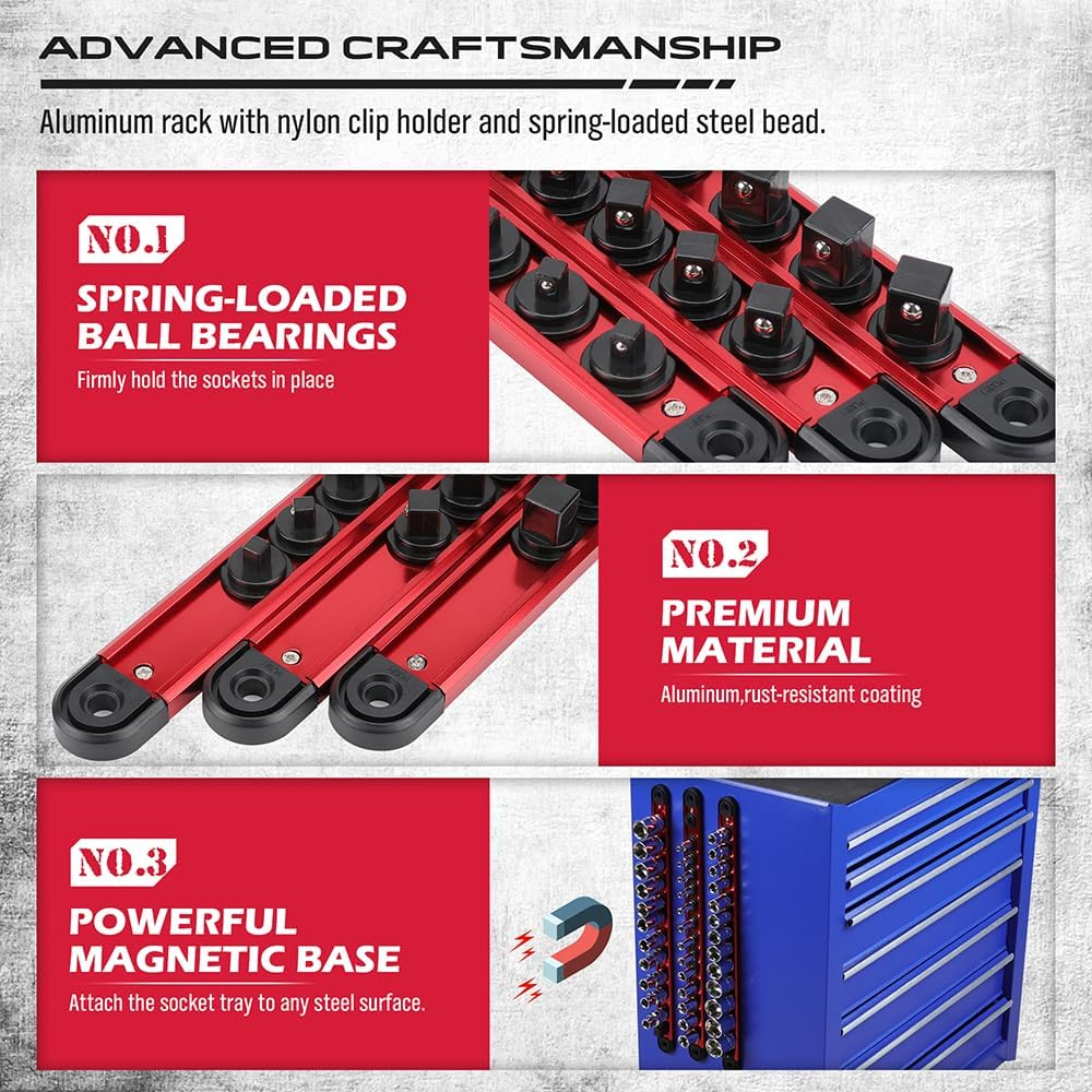 SEDY 3-Piece Magnetic Socket Organizer Tray Set, Aluminium Tool Rail Holder with 1/4", 3/8", 1/2" Drive Clips, Socket Rack for Toolbox Wall Mount Storage image number 4