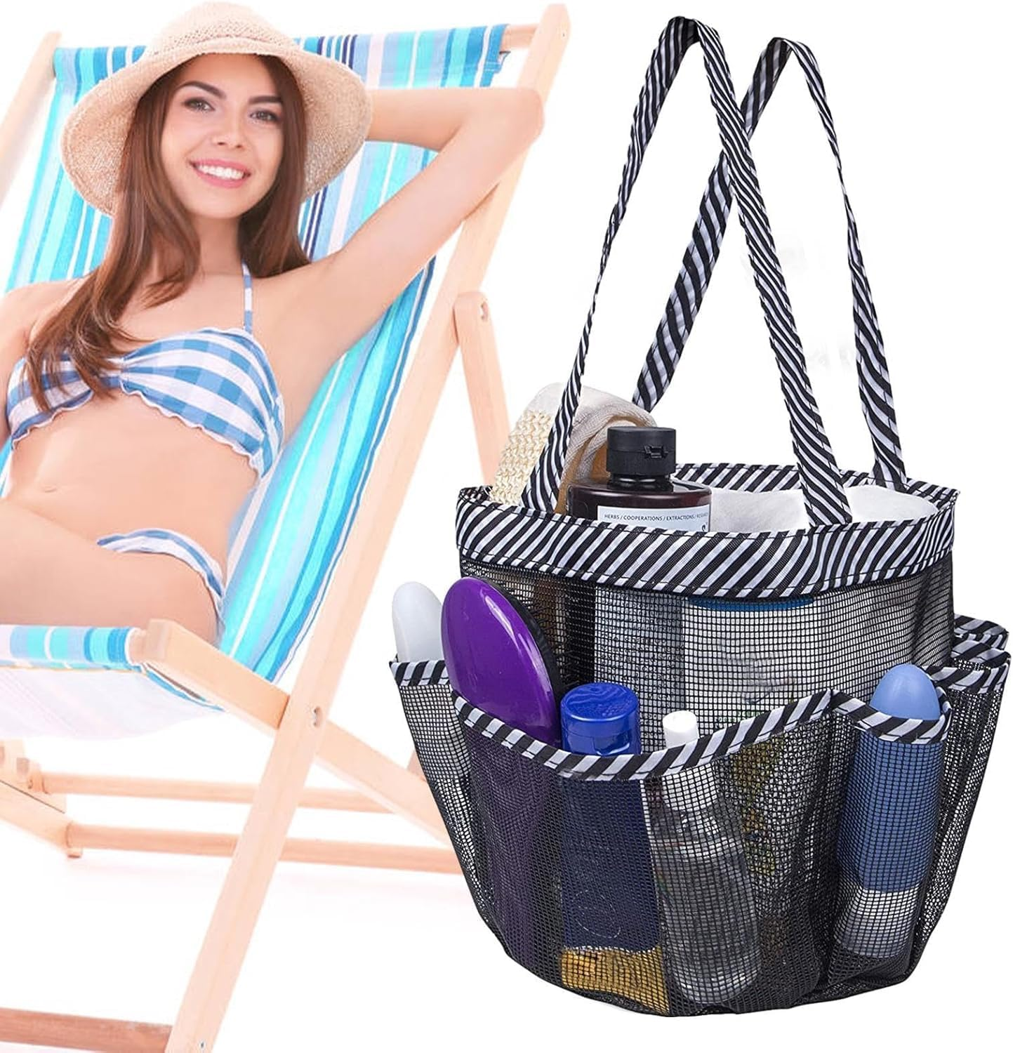 Shuoteng Hanging Shower Caddy, 8 Storage Pockets，Quick Dry Mesh Toiletry Organiser, Grey,Mesh Shower Caddy Tote Bag,Portable Shower Tote Bag for College Dorm image number 5