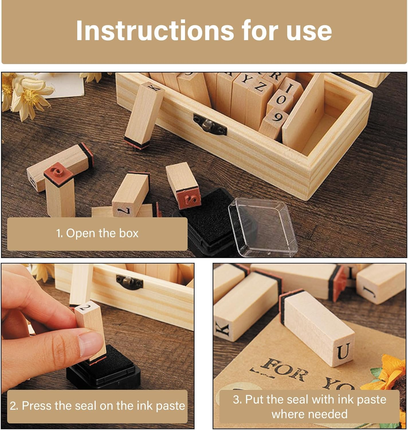 36 Pcs Wooden Rubber Number Alphabet Stamps, Rubber Vintage Letter Stamps Kit, Stamper Seal Set with Wooden Box for Crafting, Journaling, Scrapbooking, Card Making image number 2