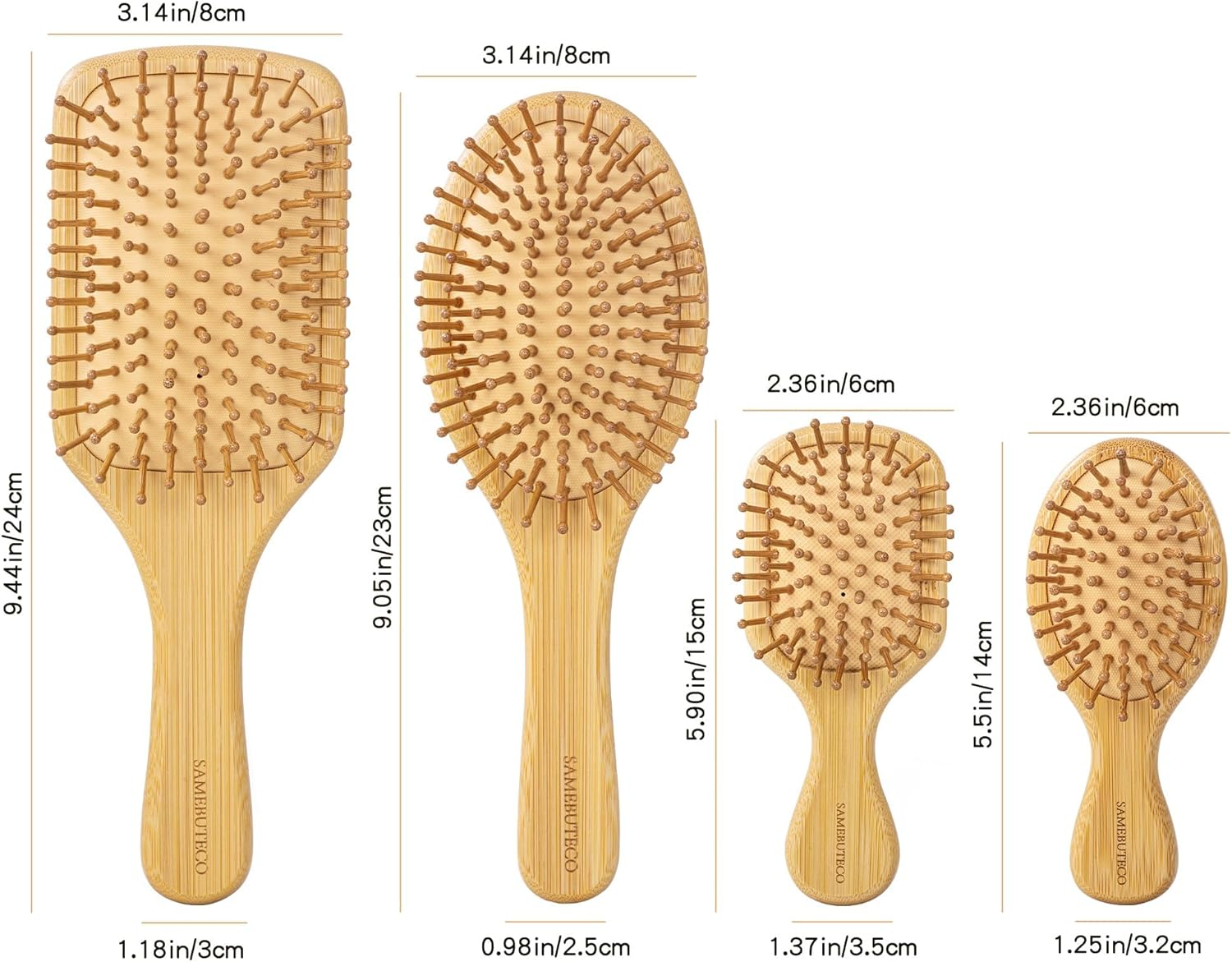 SAMEBUTECO Hair Brush Set Natural Bamboo Bristles Paddle Detangling Brushes for Thick, Thin, Curly, and Dry Hair Wooden Hair Message Brushes(4 Packs) image number 4