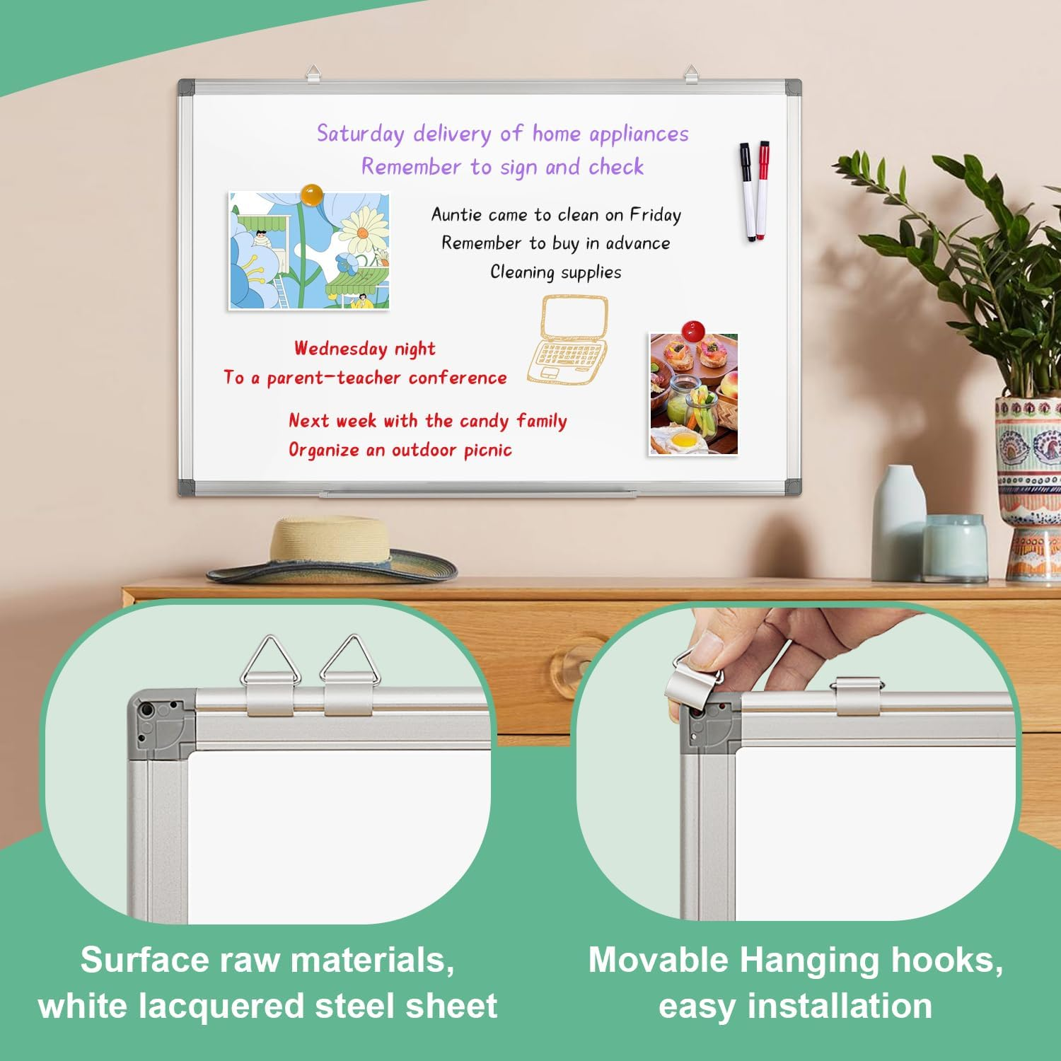 Magnetic Whiteboard Wall Hanging Dry Erase White Board, 90 X 60 CM Writing Boards for Office School and Home image number 3