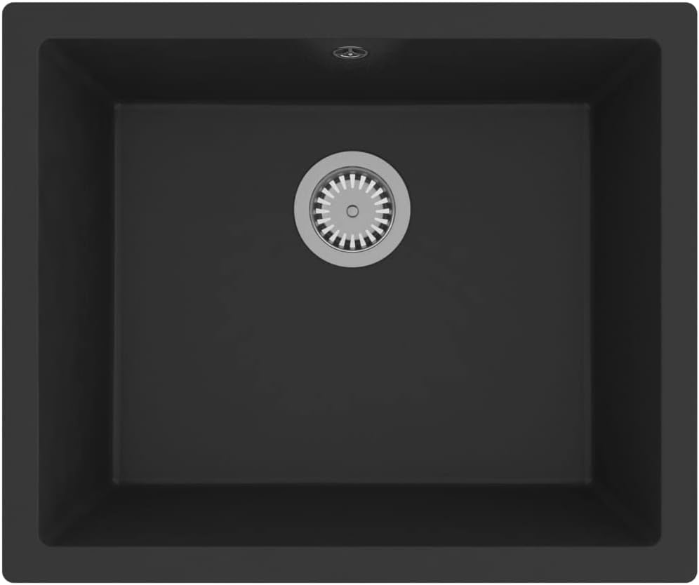 'Vidaxl Granite Kitchen Sink - Extra-Deep, Single Basin, Scratch & Impact Resistant with Basket Strainer, Suitable for Top or under Mounting - Black